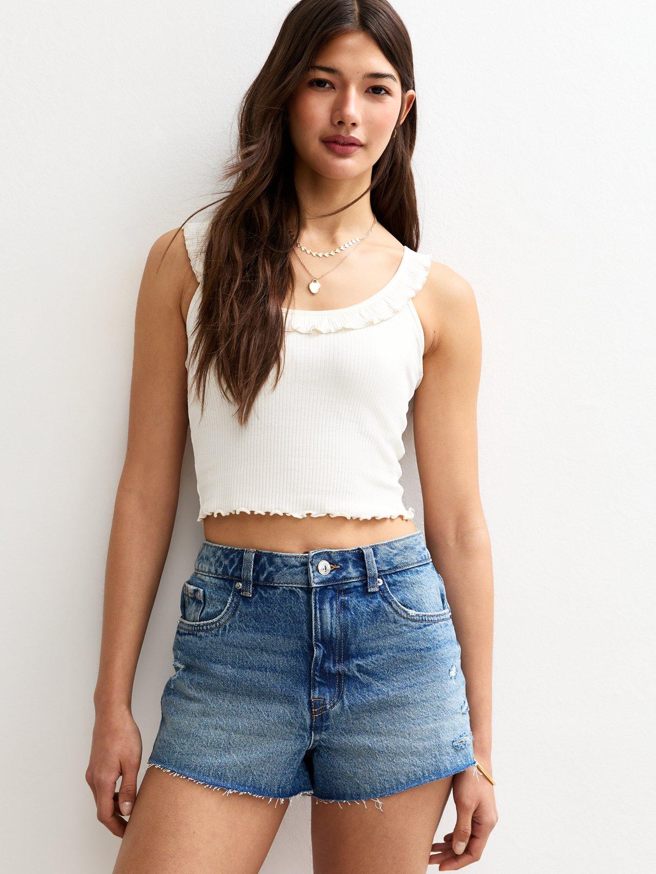 undefined Blue Frayed Hem Denim Shorts