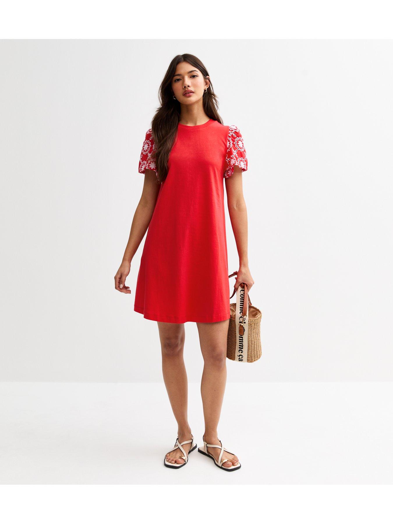 Image 1 of 4 of New Look Broderie Sleeve Mini Swing Dress - Red
