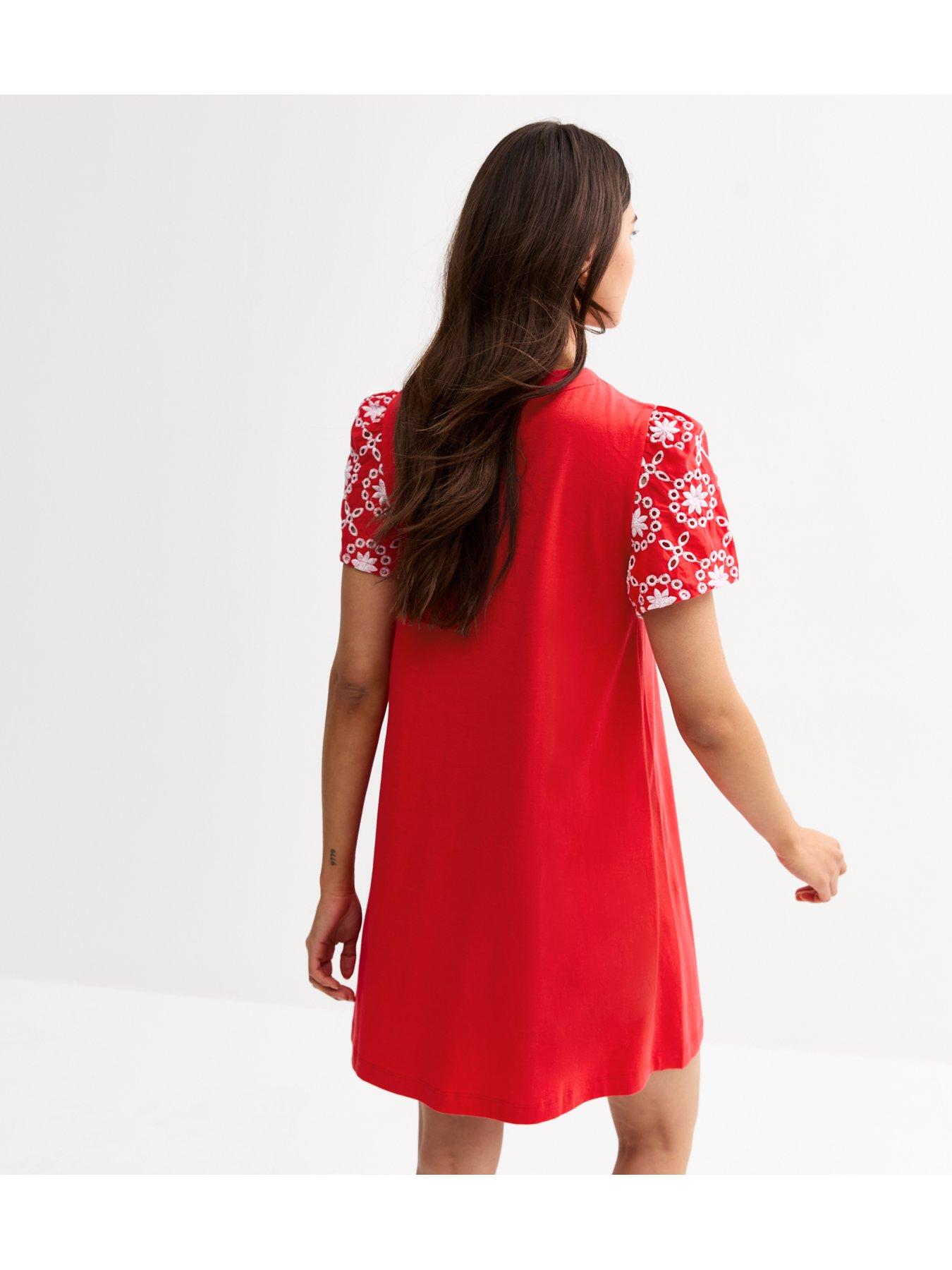 Image 2 of 4 of New Look Broderie Sleeve Mini Swing Dress - Red