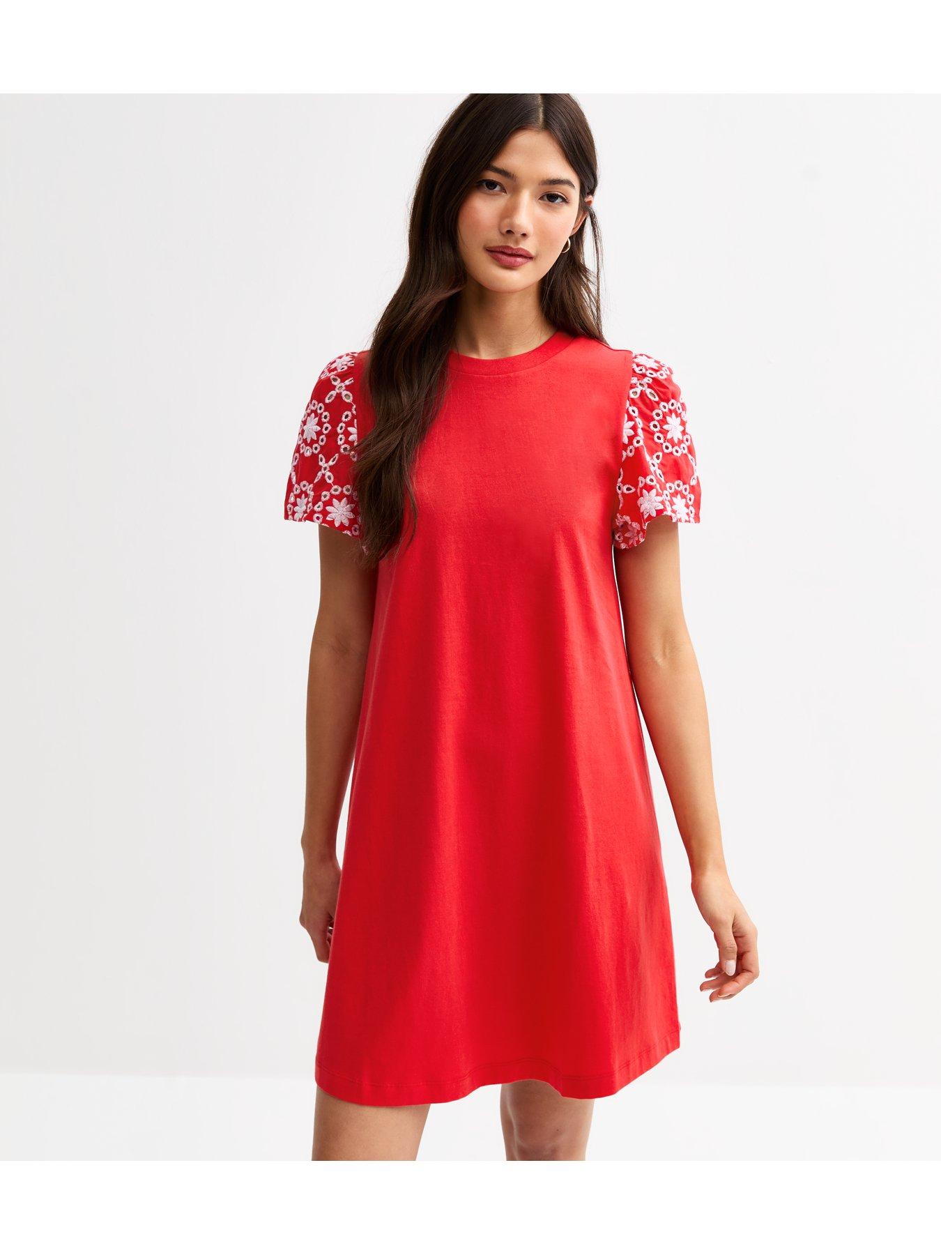 Image 3 of 4 of New Look Broderie Sleeve Mini Swing Dress - Red