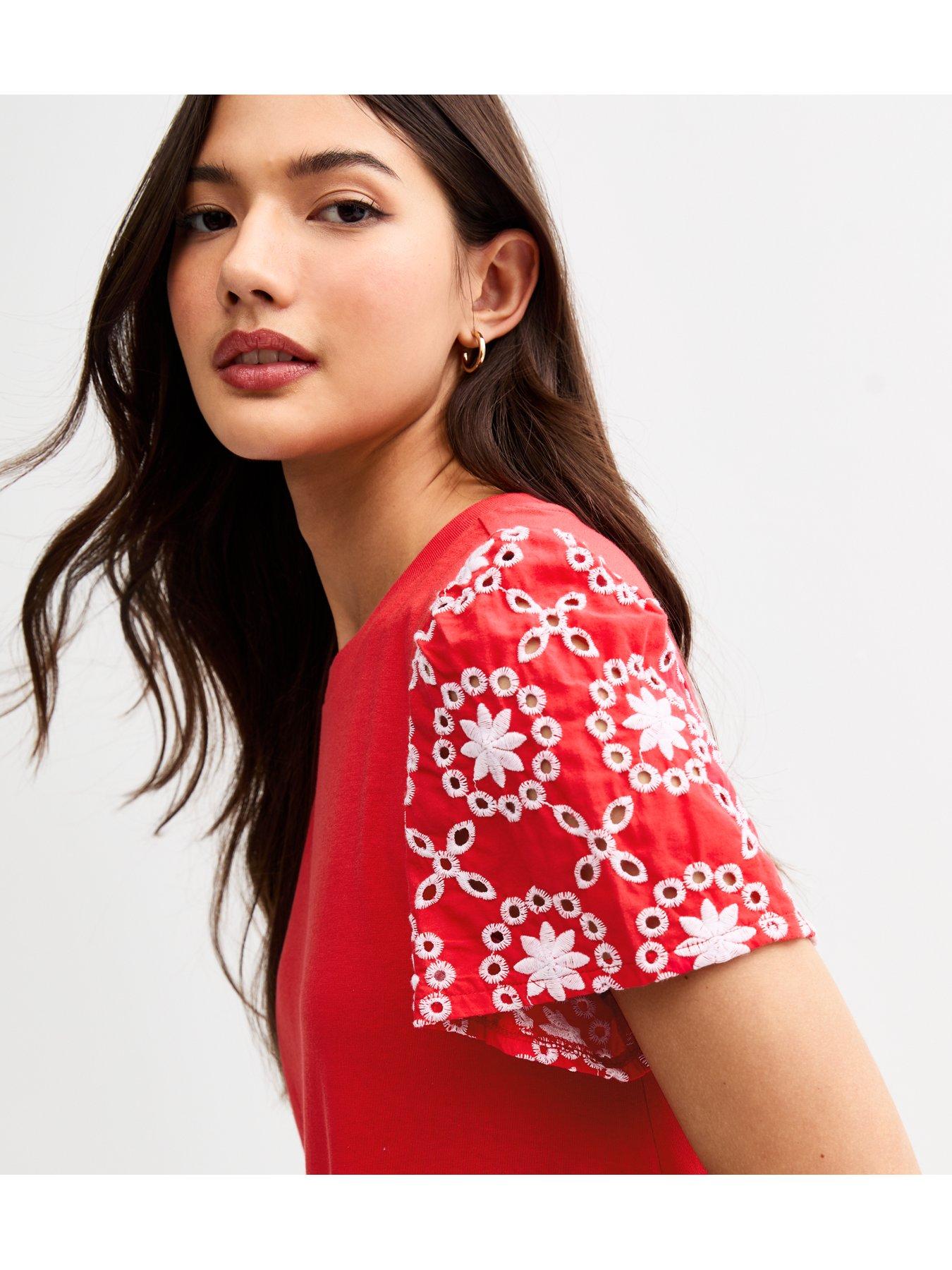 Image 4 of 4 of New Look Broderie Sleeve Mini Swing Dress - Red