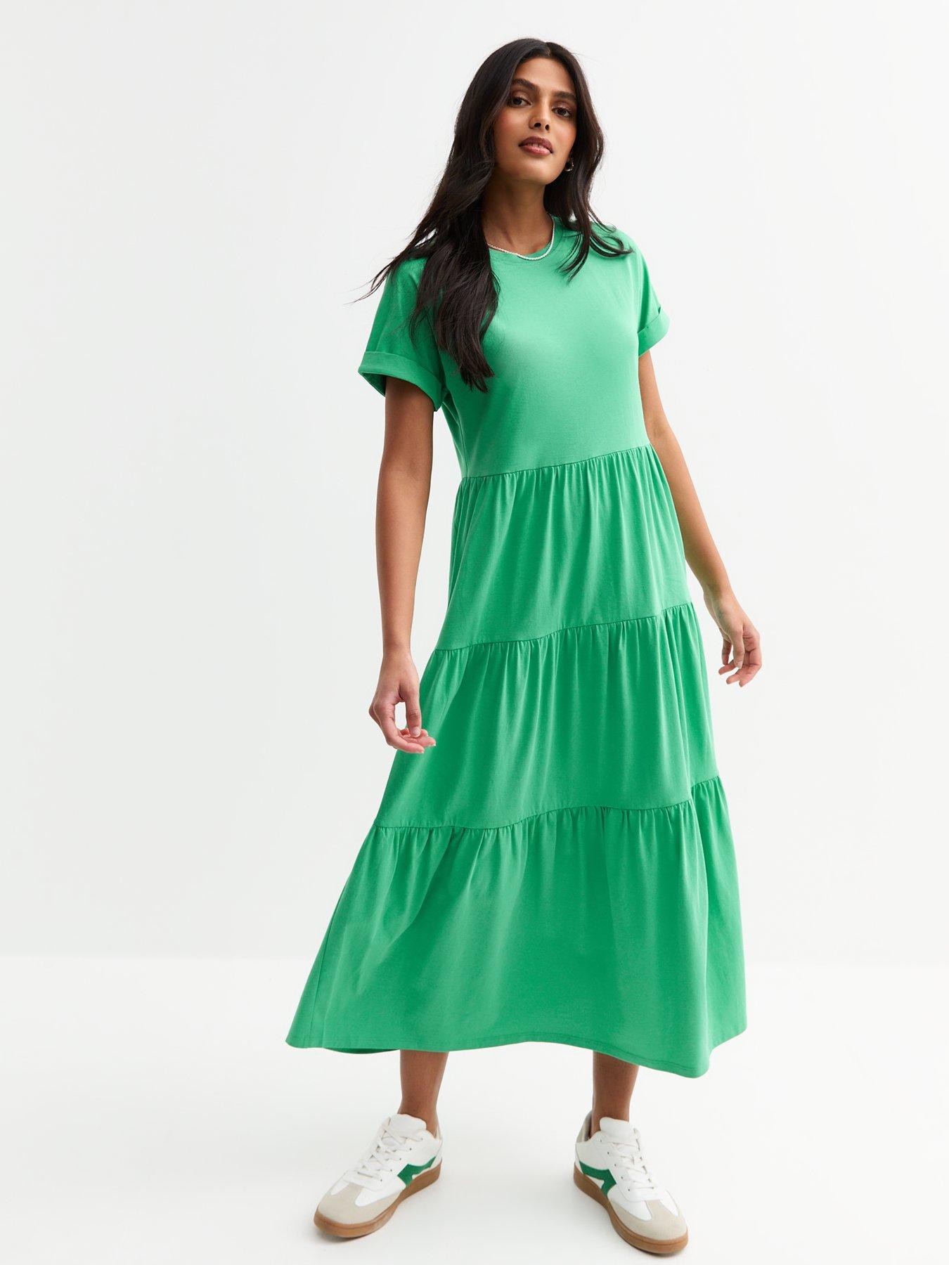 undefined Jersey Tiered Skirt Midi Smock Dress - Green
