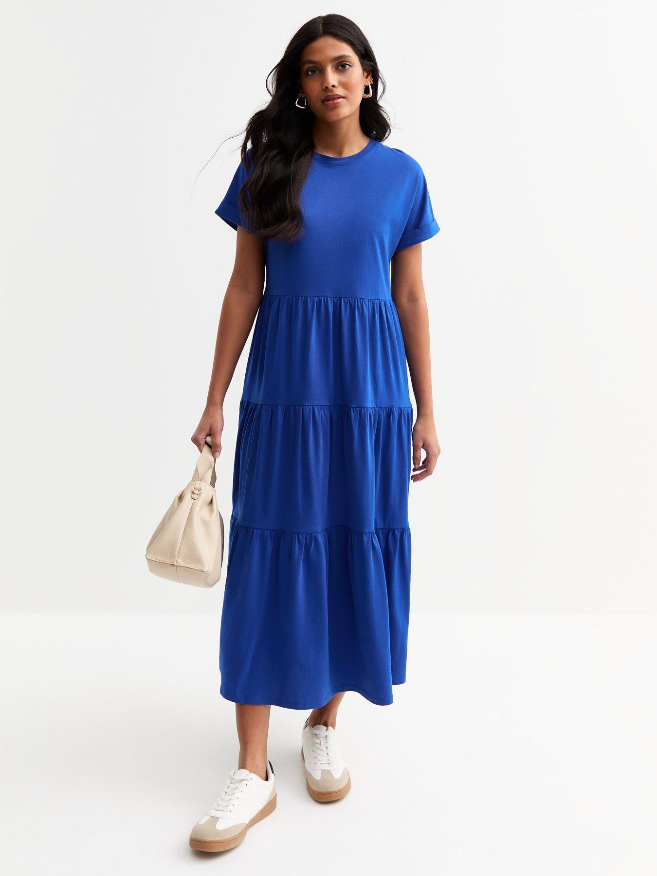 undefined Jersey Tiered Skirt Midi Smock Dress - Bright Blue
