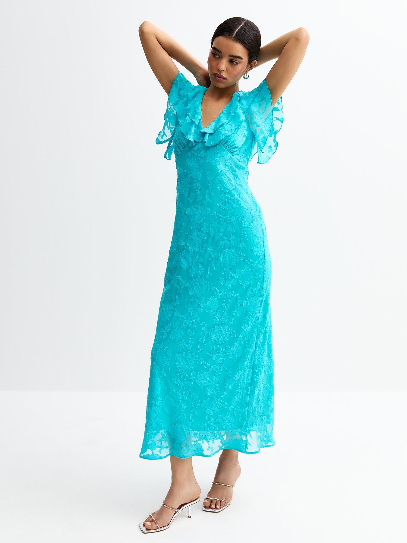 undefined Floral Ruffle Trimmed Midi Dress - Bright Blue