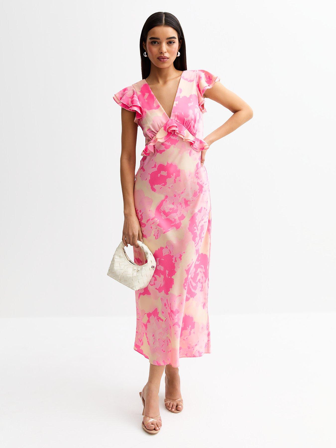 undefined Floral Print Ruffled Trimmed Satin Midi Dress - Pink