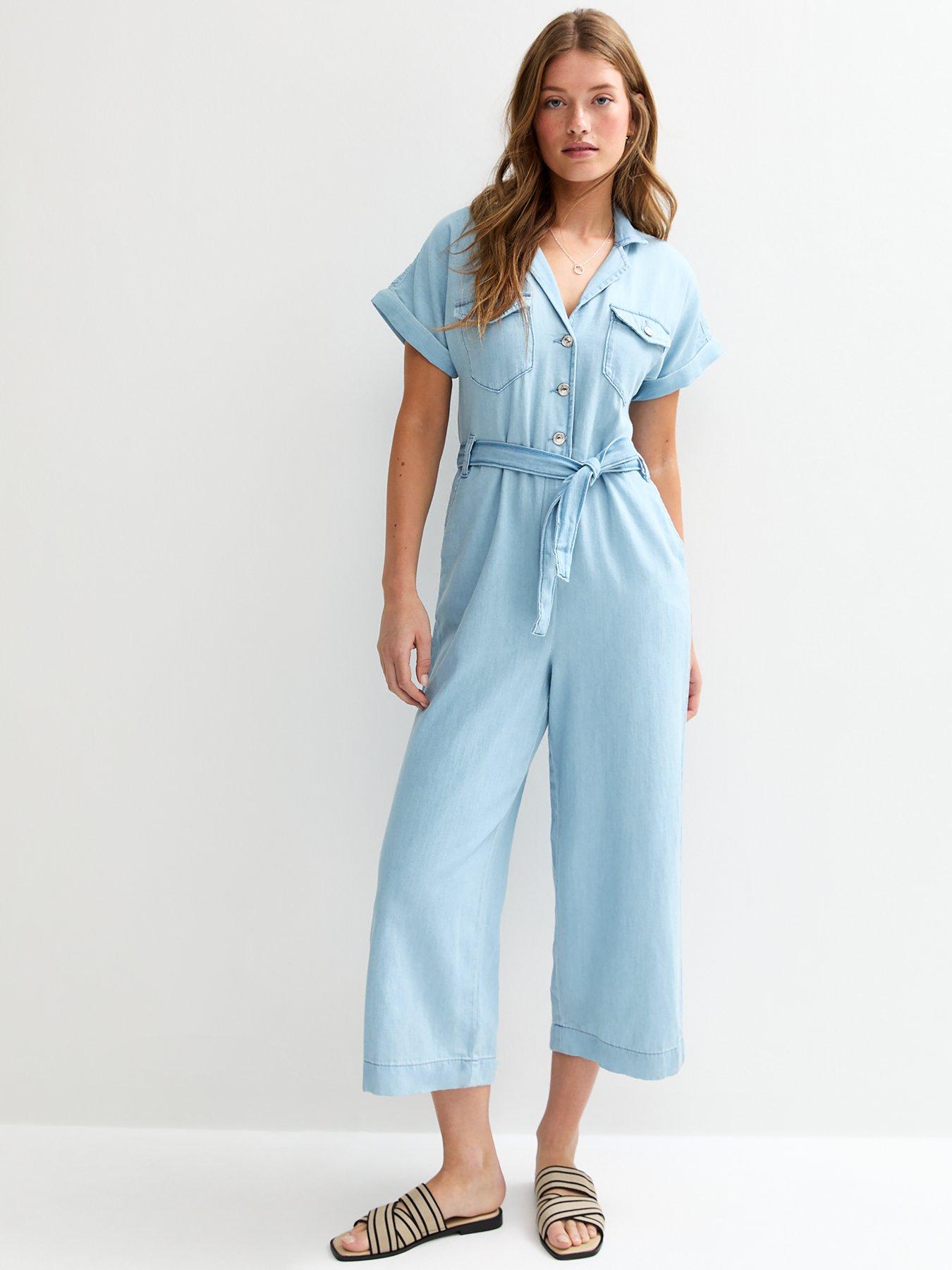undefined Belted Denim Jumpsuit - Light Blue