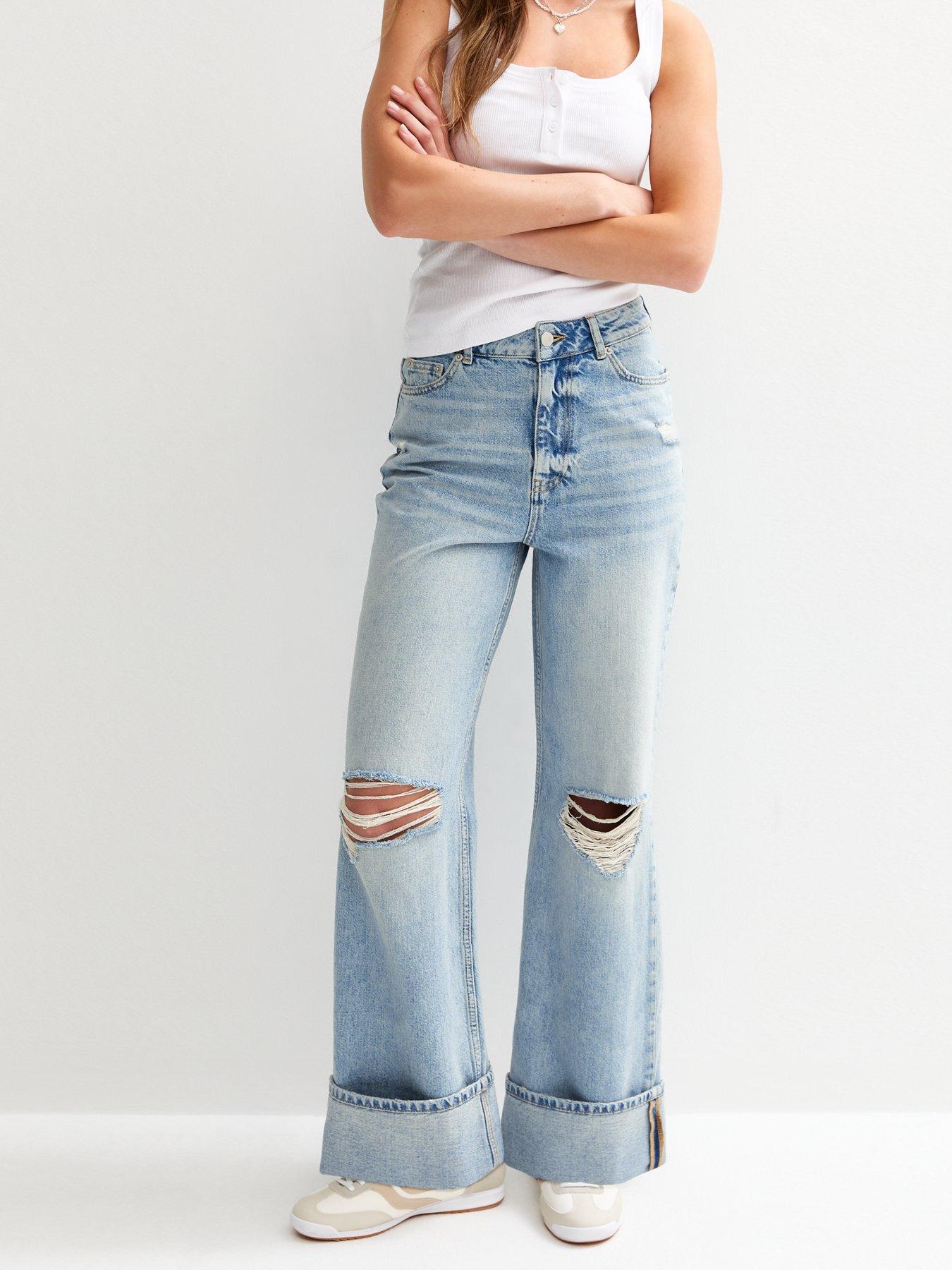 undefined Ripped Knee Wide Leg Turn Up Jeans - Light Blue