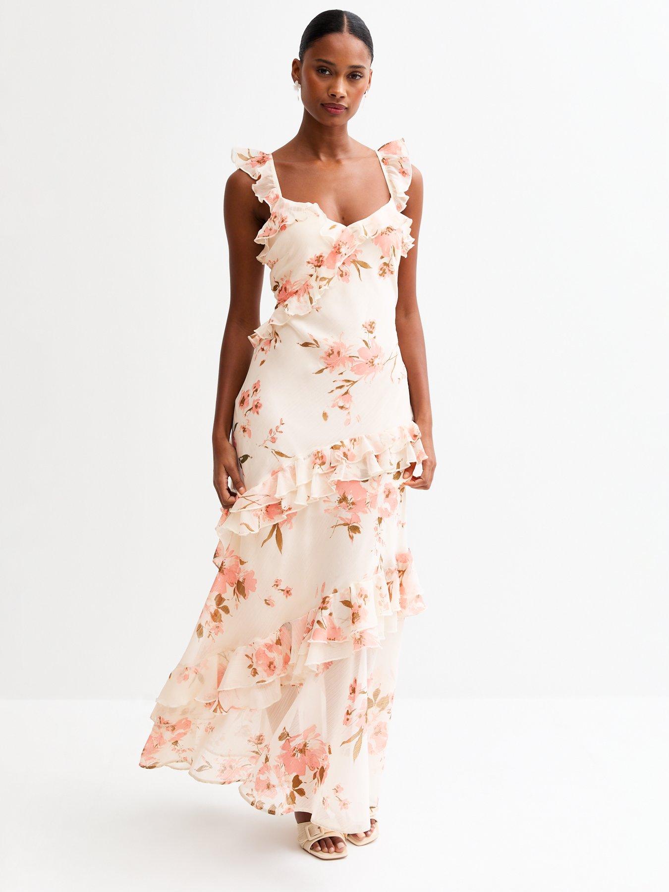undefined Vintage Floral Print Chiffon Maxi Dress - Cream