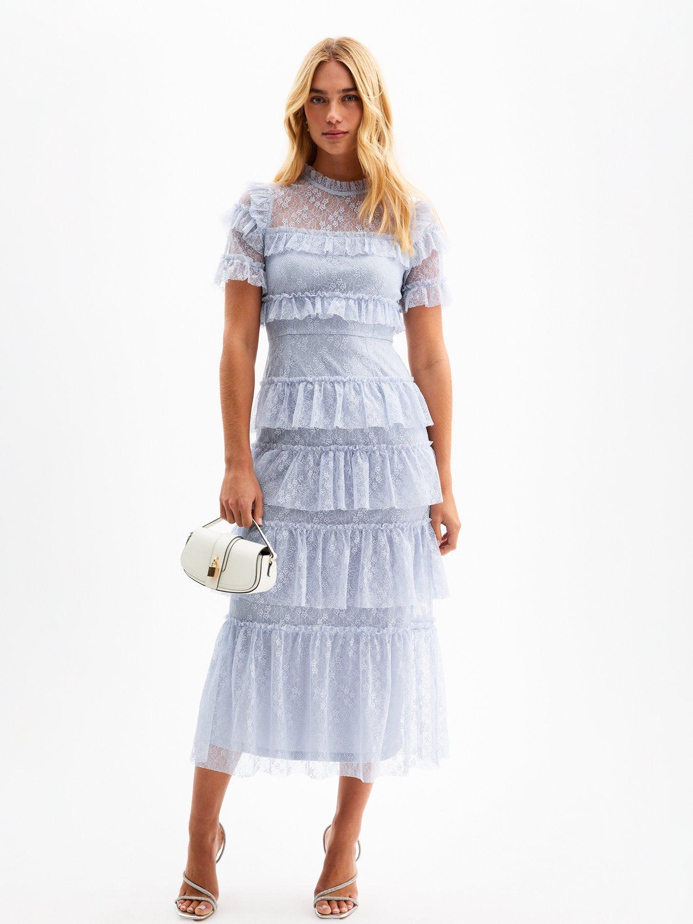 undefined Lace Tiered Ruffle Midi Dress - Light Blue