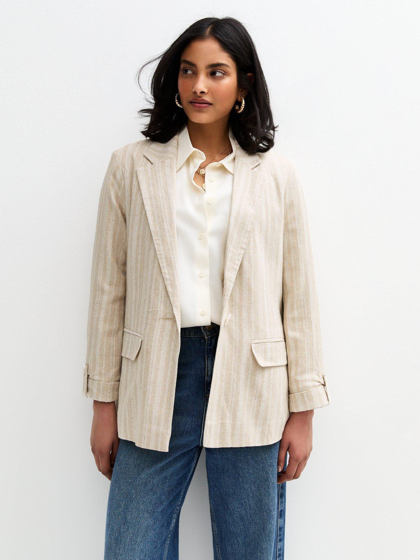 New Look Button Front Striped Tailored Blazer - Cream
