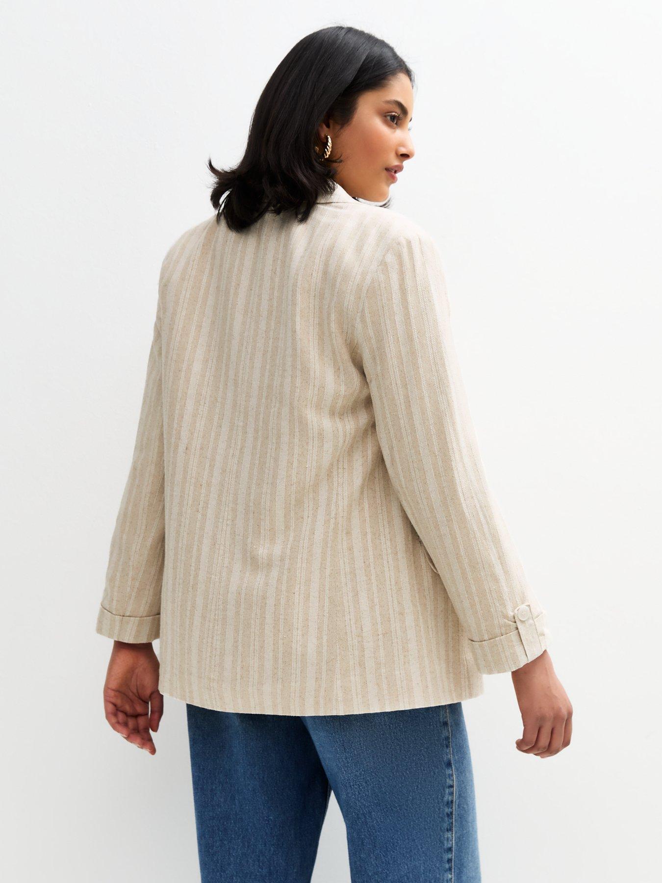 Image 2 of 4 of New Look Button Front Striped Tailored Blazer - Cream