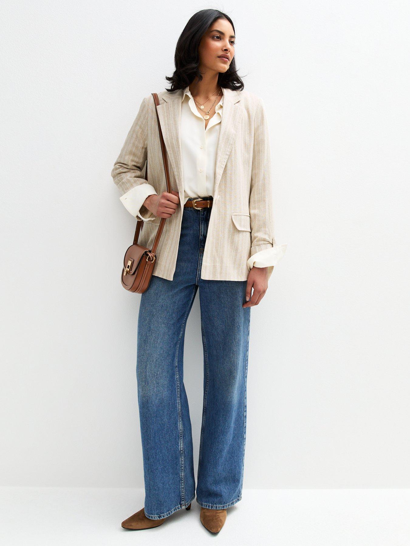 Image 3 of 4 of New Look Button Front Striped Tailored Blazer - Cream