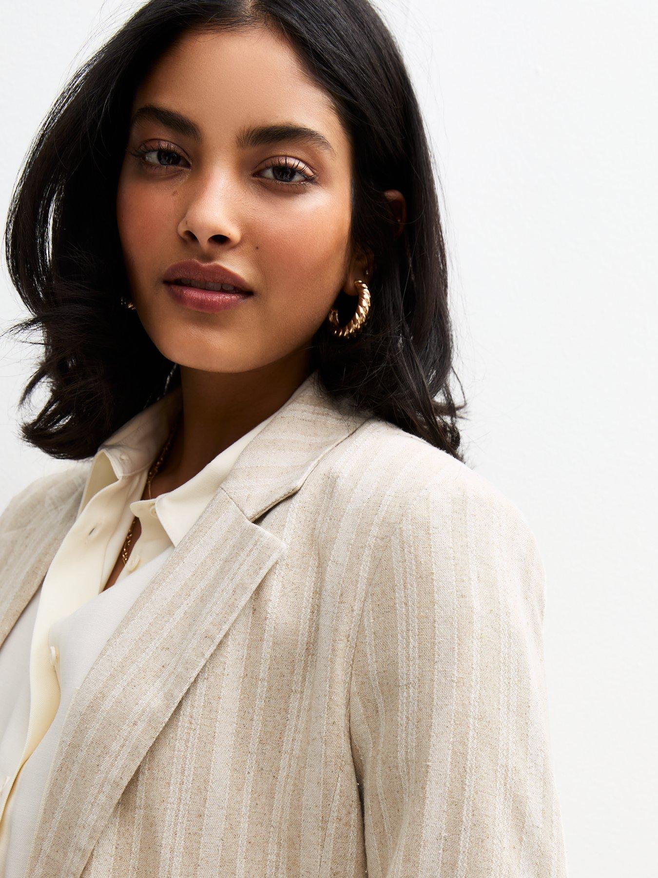 Image 4 of 4 of New Look Button Front Striped Tailored Blazer - Cream