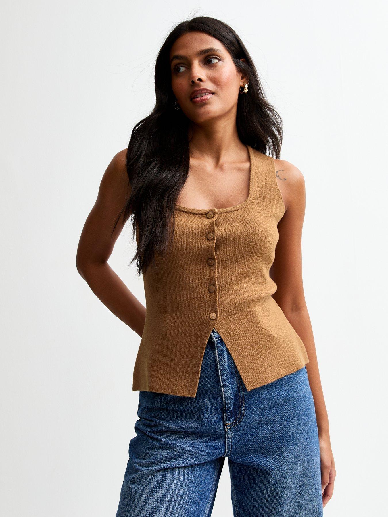 undefined Tan Compact Knit Square Neck Waistcoat - Brown