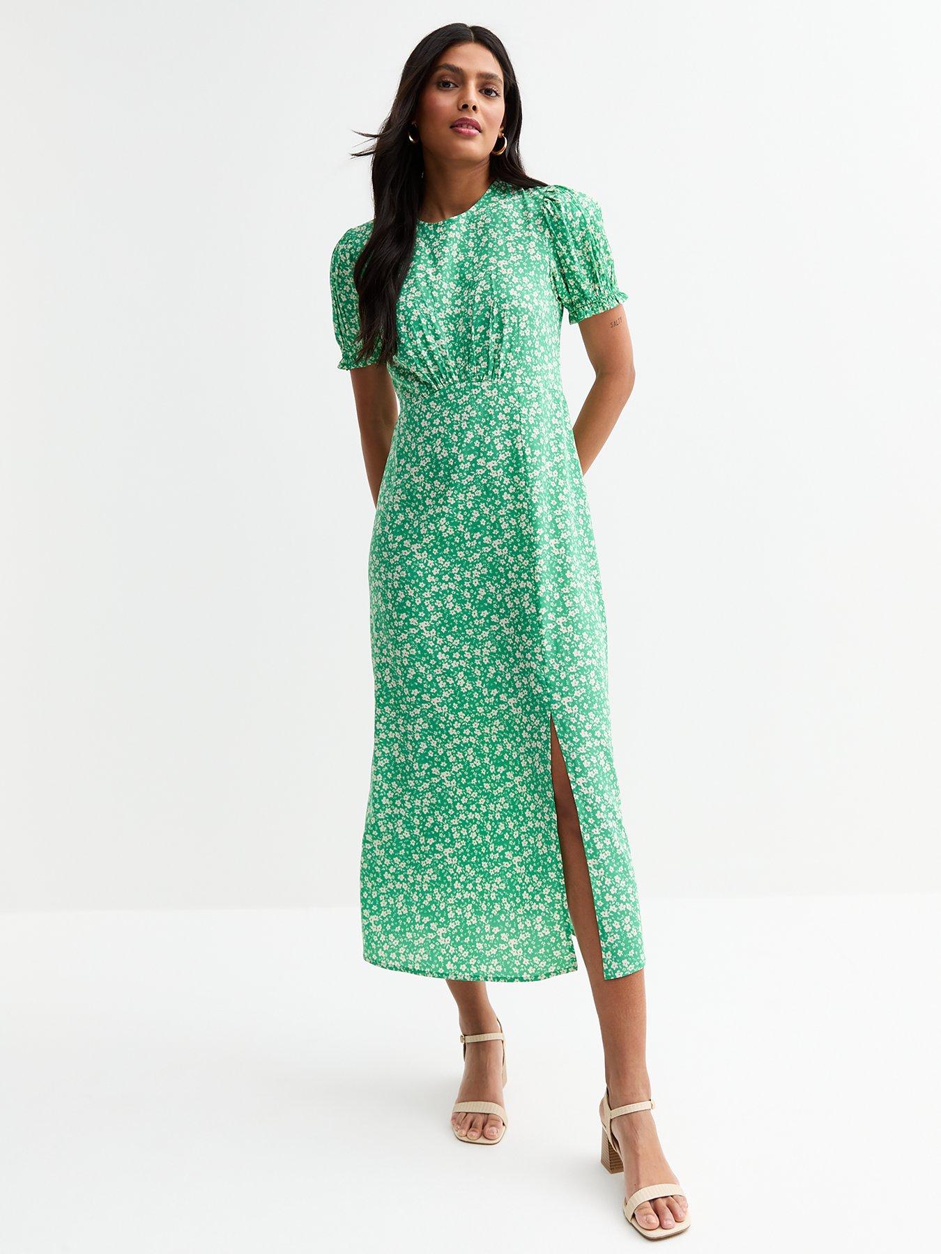 undefined Daisy Print Short Sleeve Midi Tea Dress - Green