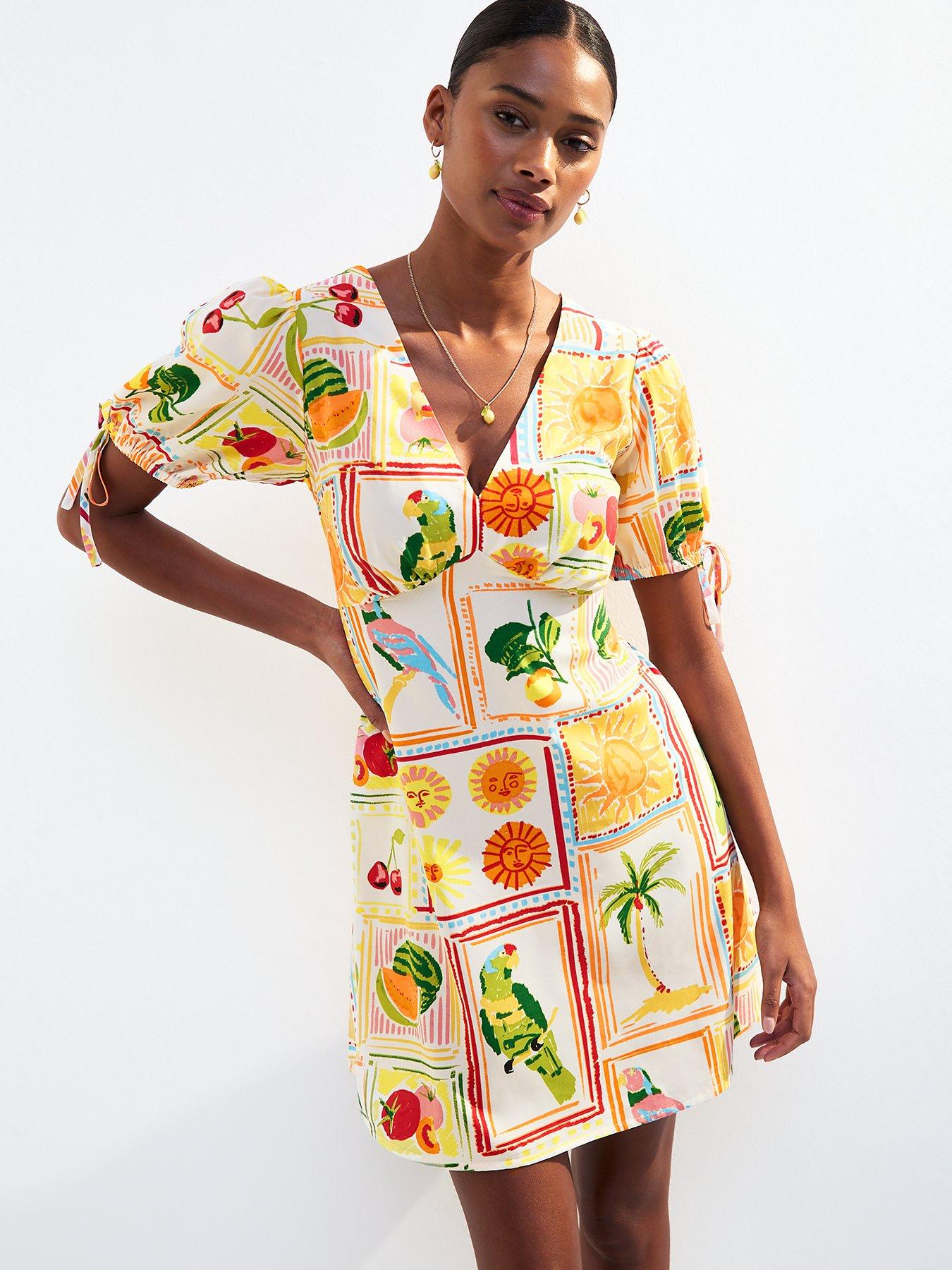 undefined Tropic Print Tie Sleeve Mini Dress - Cream