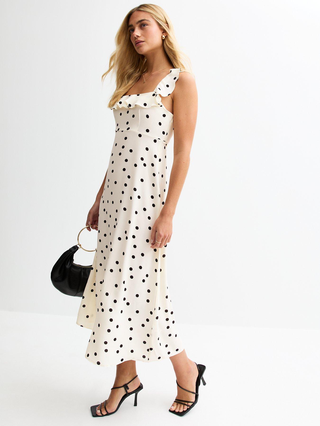 undefined Polka Dot Ruffle Trim Chiffon Midi Dress - Cream