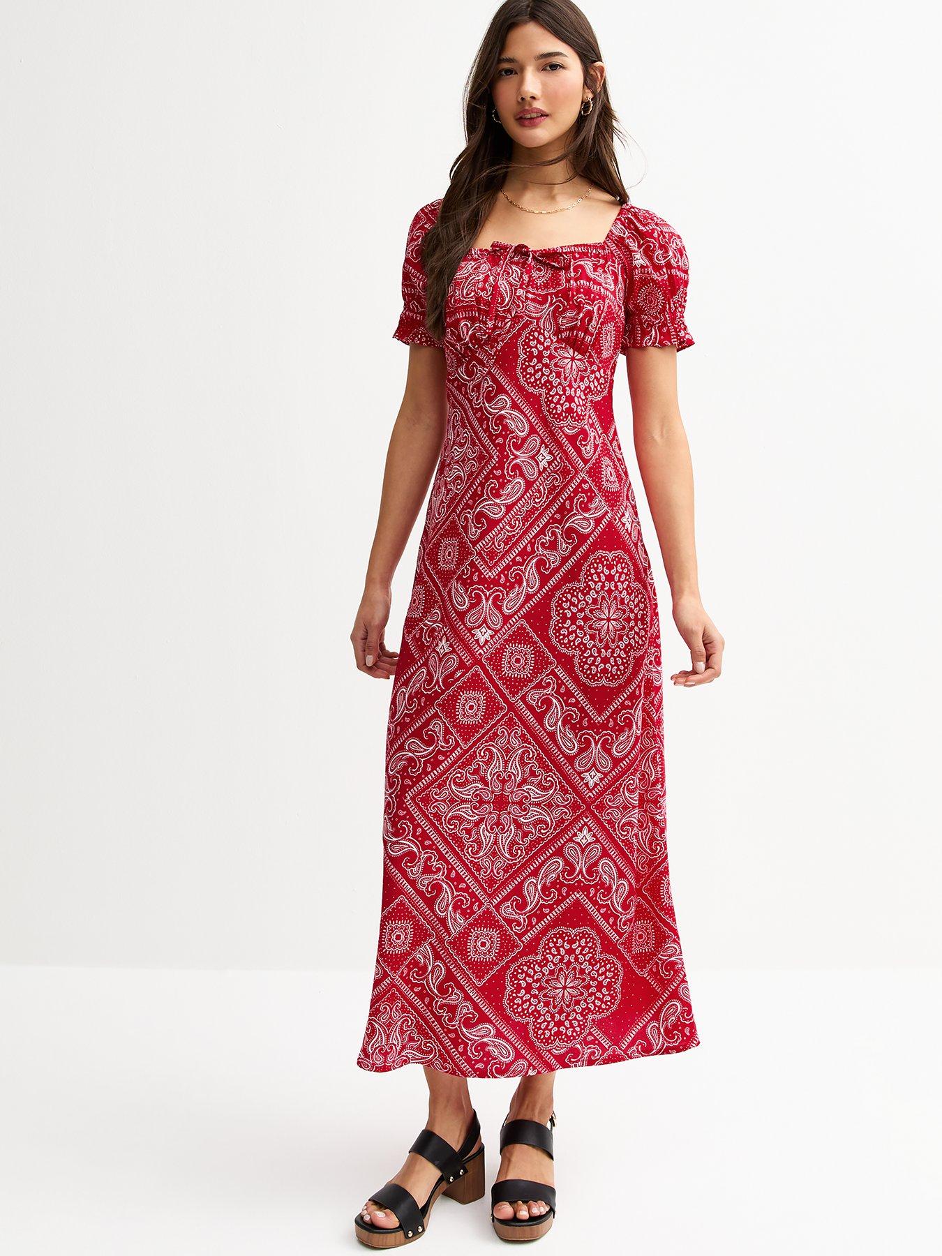 undefined Tile Print Square Neck Midi Dress - Red