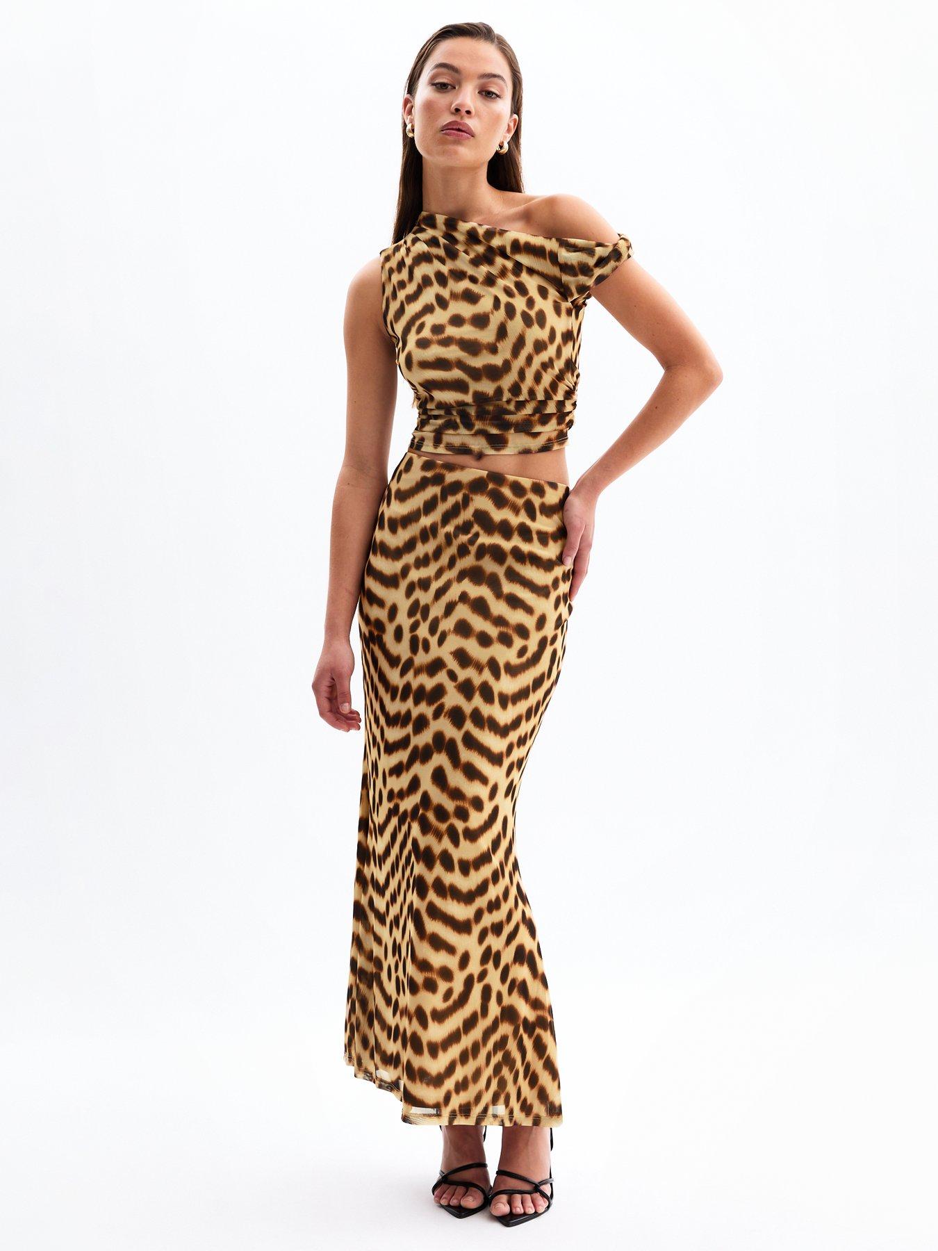 undefined Leopard Print Mesh Midi Skirt - Brown