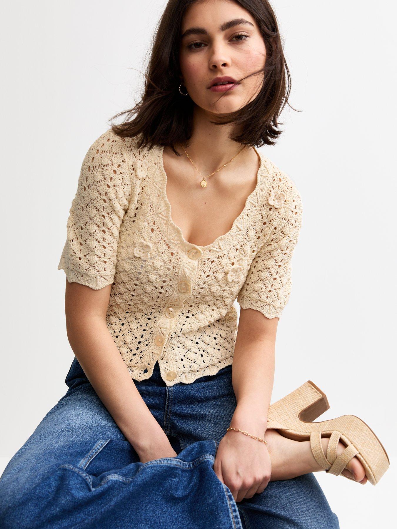undefined Open Knit Floral Appliqued Cardigan - Cream