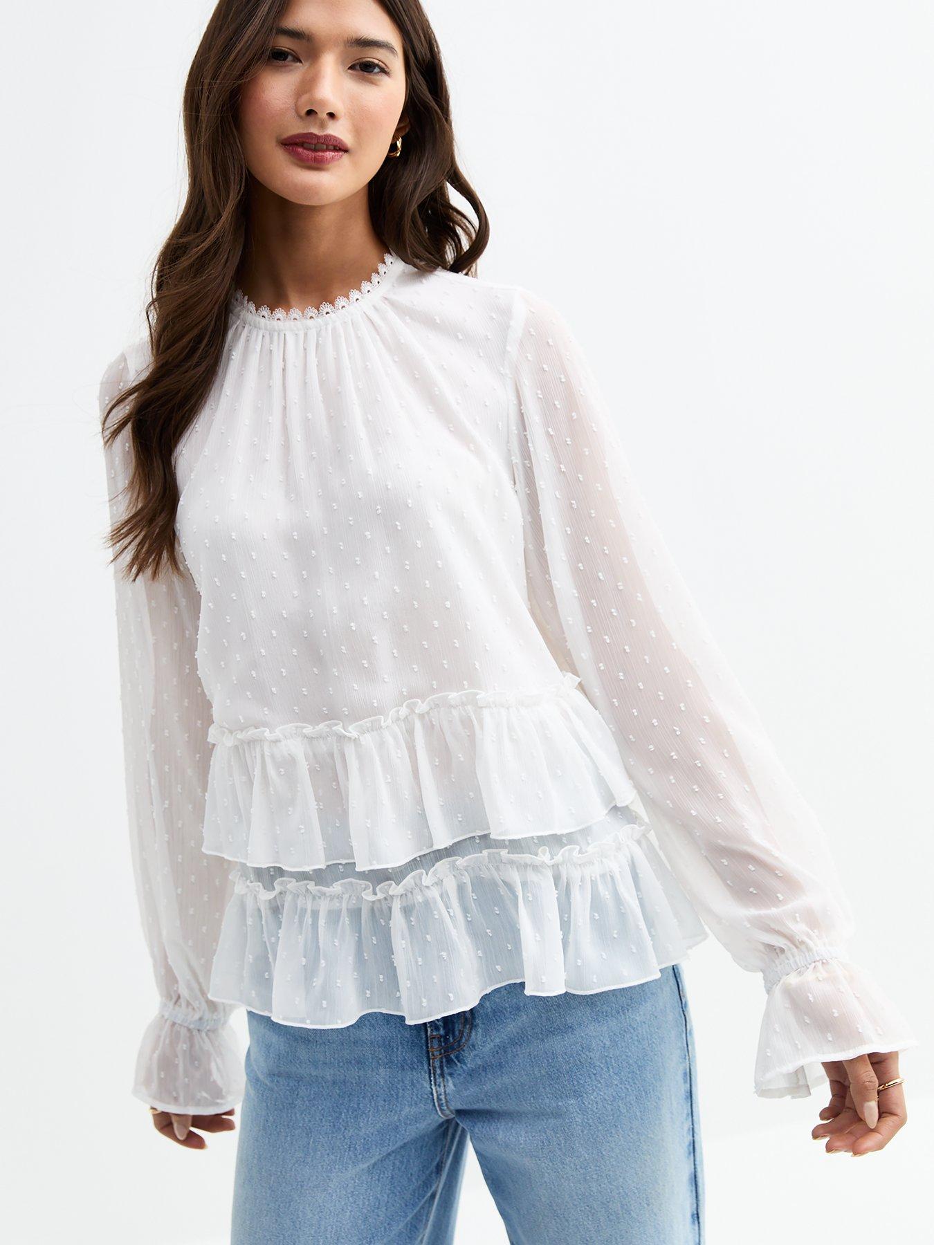 Image 1 of 4 of New Look Chiffon Frilly Trim Blouse - White