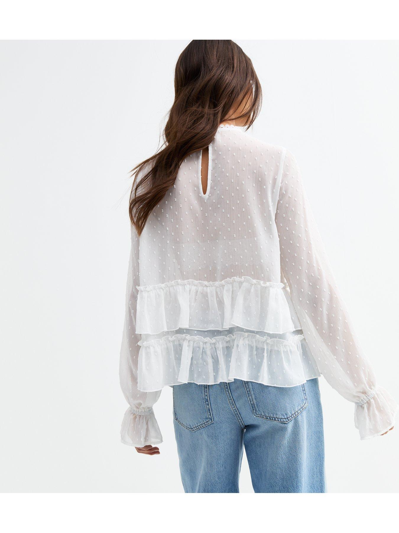 Image 2 of 4 of New Look Chiffon Frilly Trim Blouse - White
