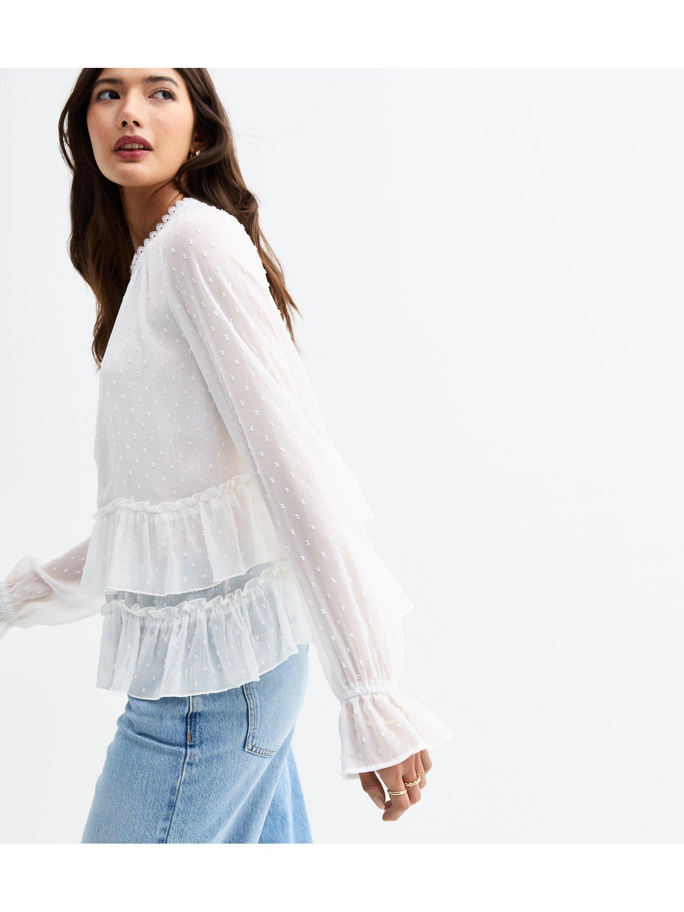 Image 3 of 4 of New Look Chiffon Frilly Trim Blouse - White