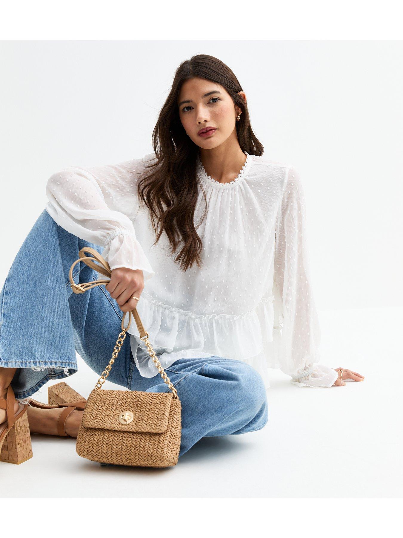 Image 4 of 4 of New Look Chiffon Frilly Trim Blouse - White