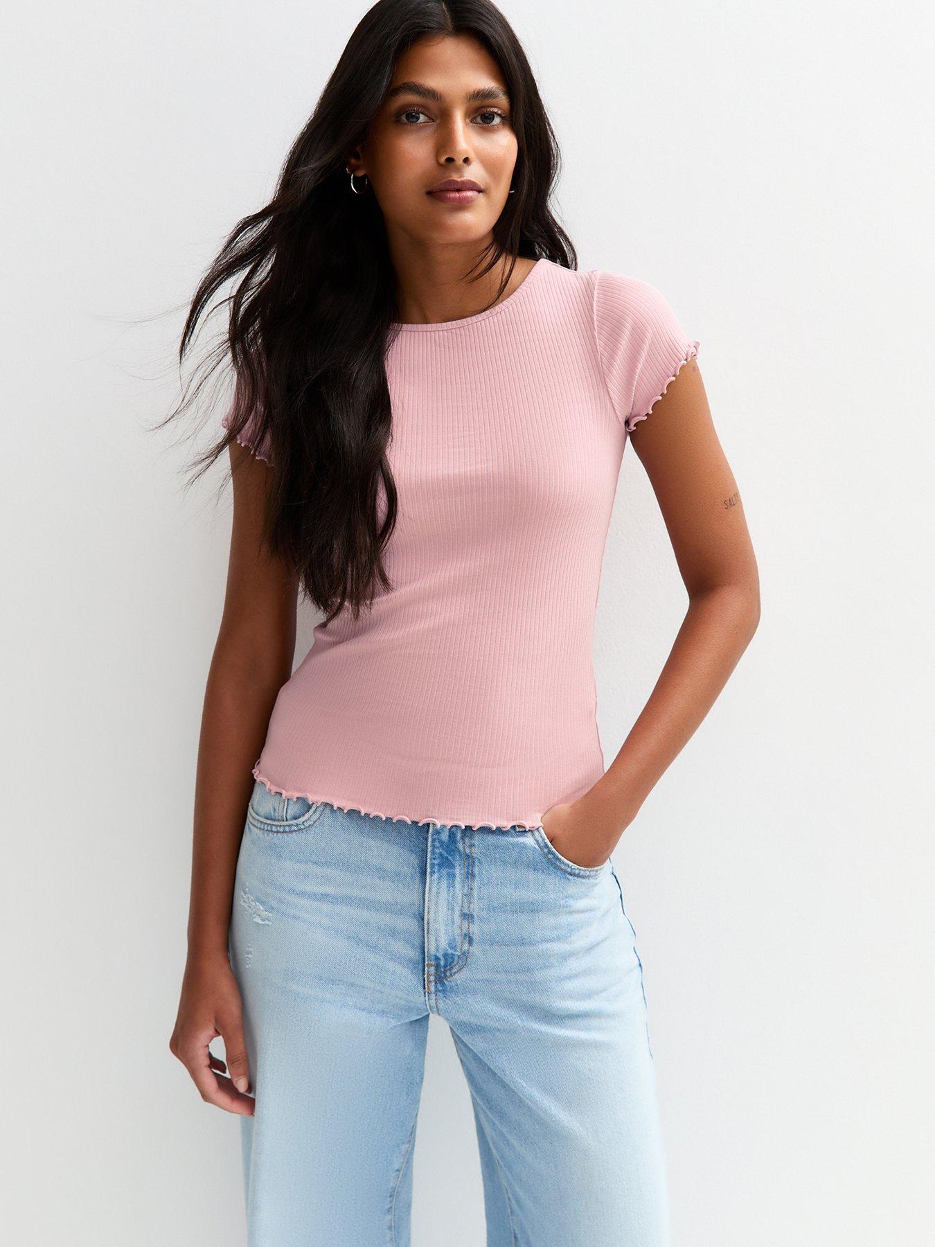 undefined Ribbed Lettuce Trim T-Shirt - Pink
