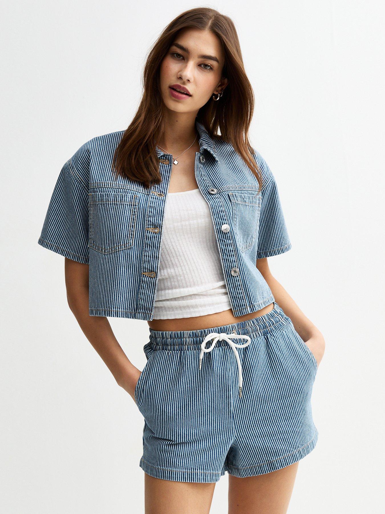 undefined Striped Denim Boxy Shirt - Blue
