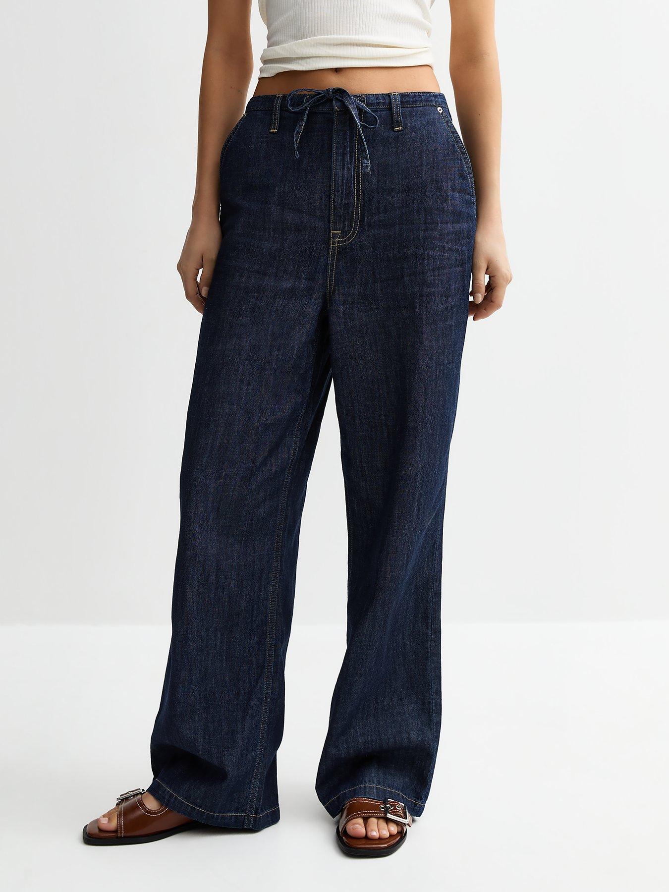 undefined Navy Drawstring Waist Wide Leg Denim Trousers - Blue
