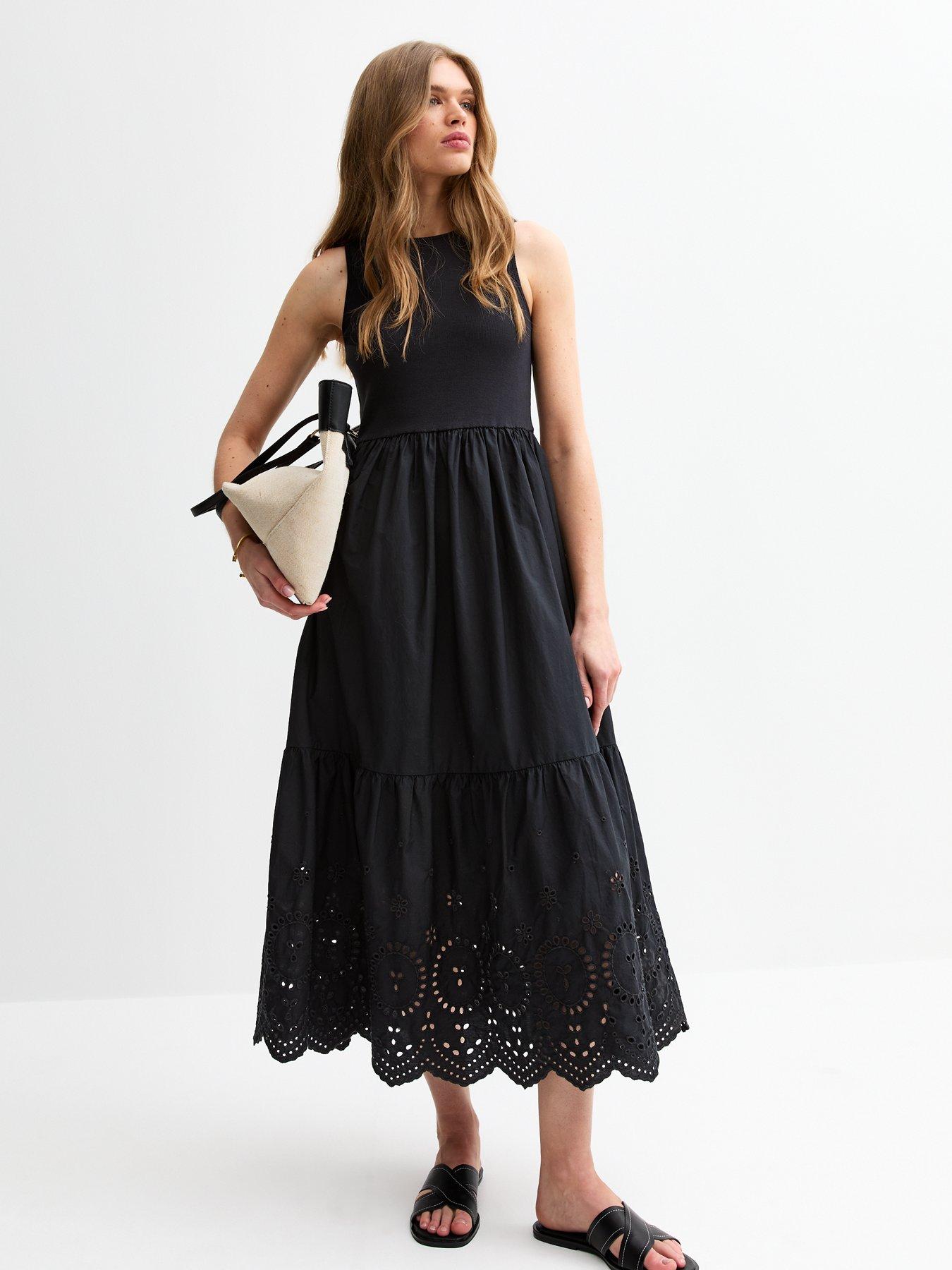 Image of New Look Black Rib Racerback Broderie Anglaise Embroidered Midi Dress