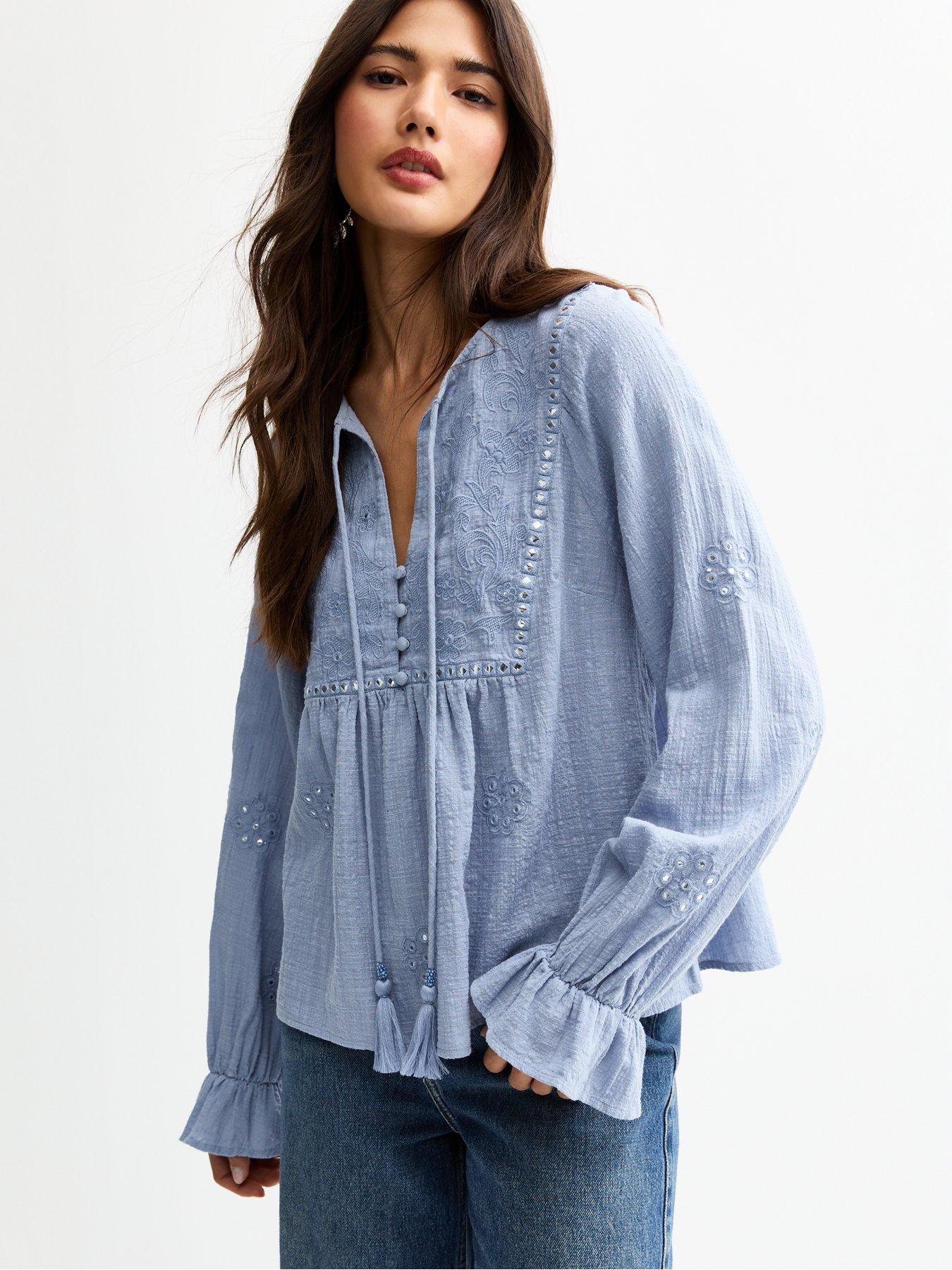 undefined Floral Mirror Embroidered Tie Neck Blouse - Blue