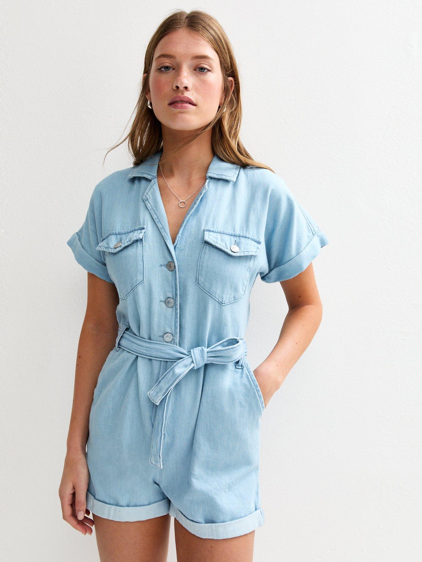 undefined Soft Denim Playsuit - Light Blue