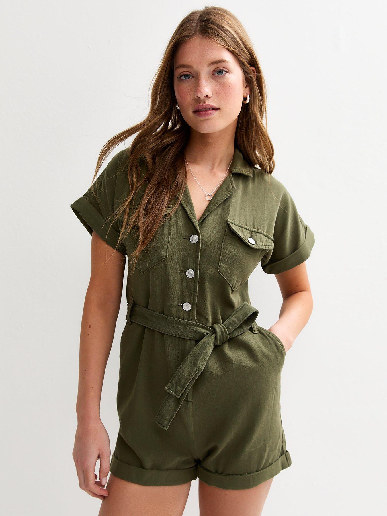 undefined Dark Khaki Short Sleeve Twill Playsuit - Green