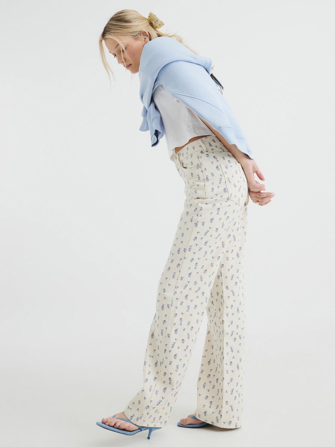 undefined Relaxed Straight Floral Jeans - Cream