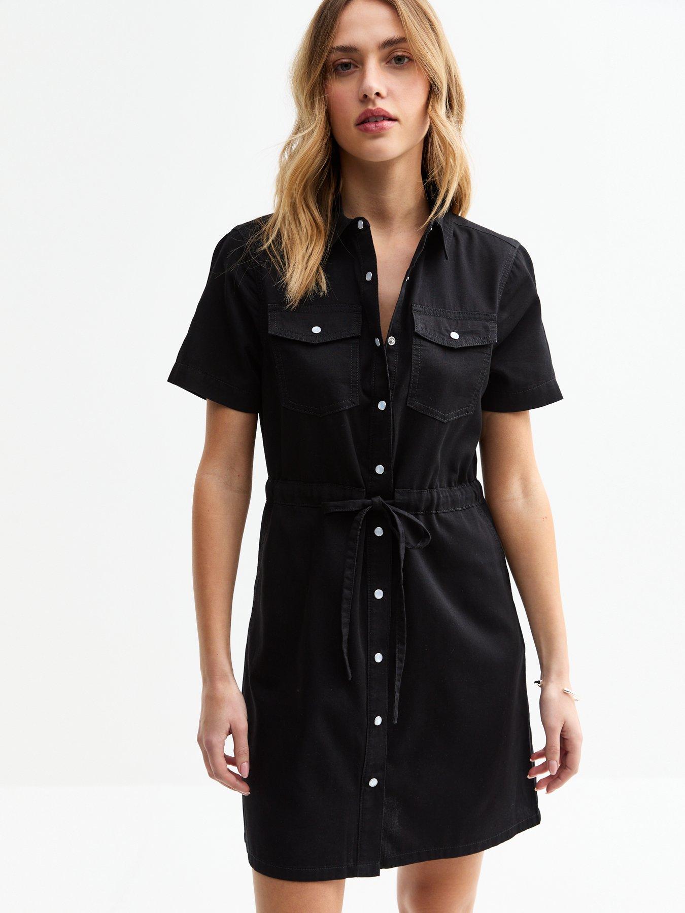 undefined Black Drawstring Waist Denim Mini Dress
