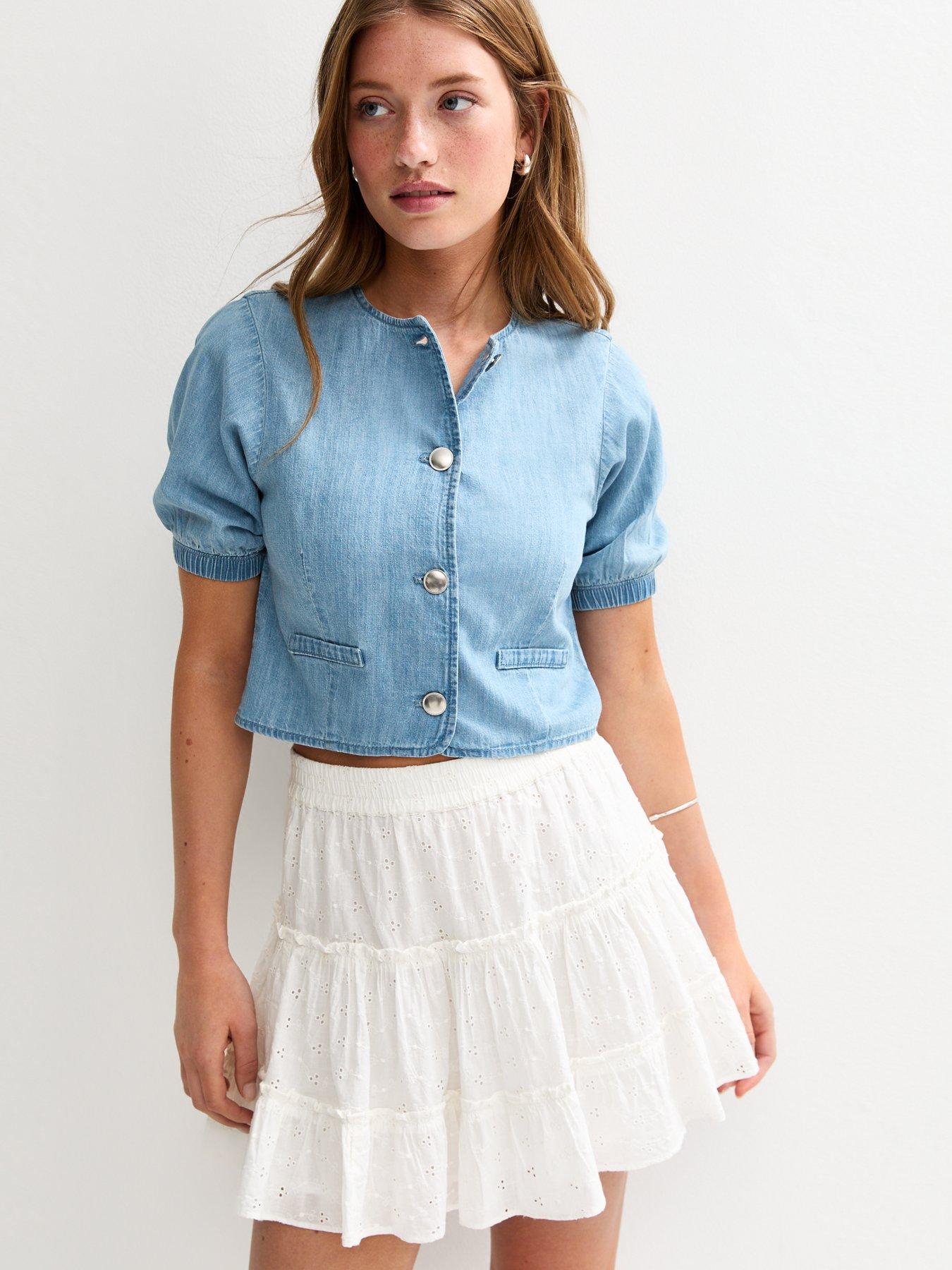 undefined Denim Puff Sleeve Button Down Top - Blue