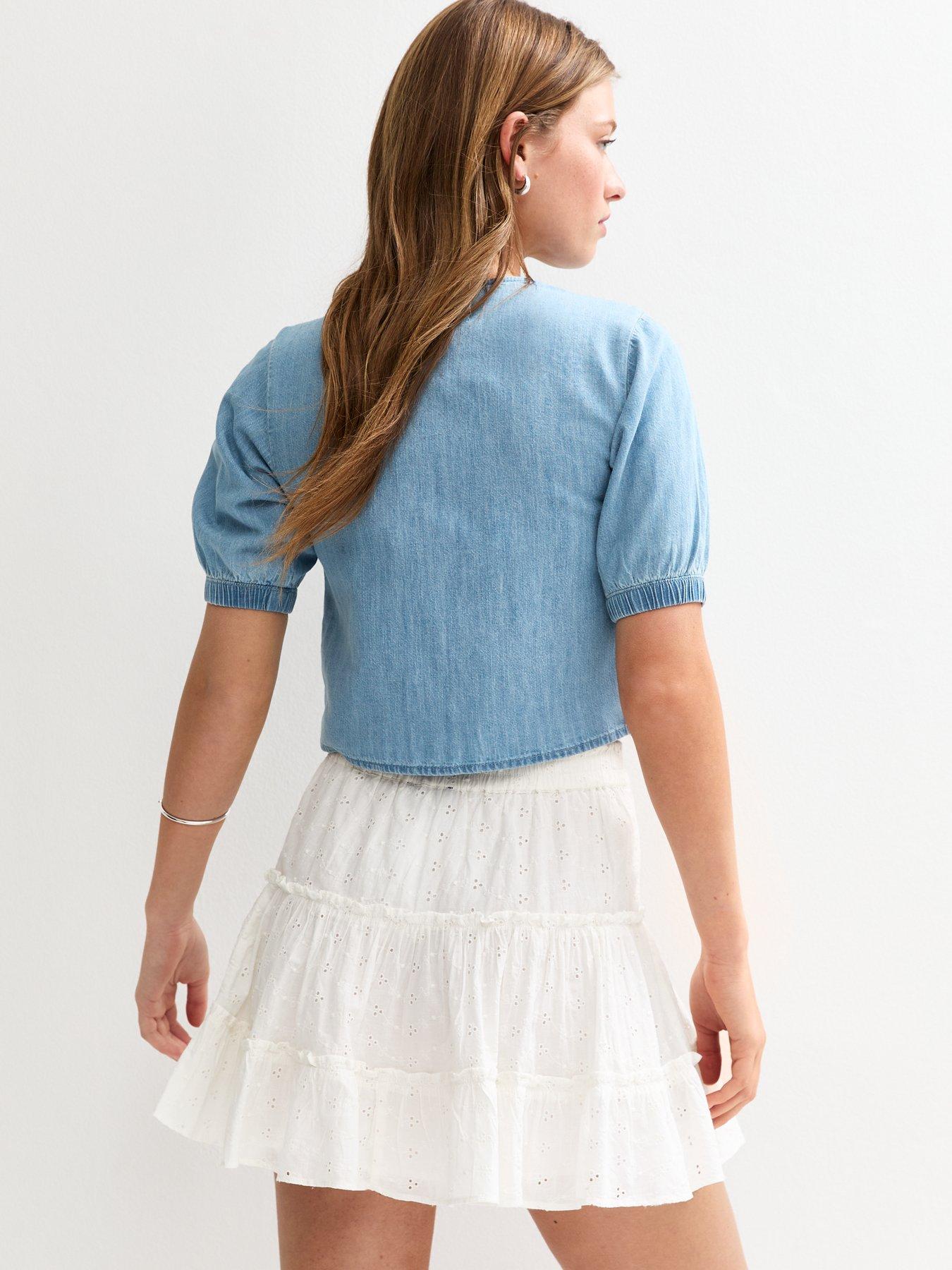 Image 2 of 4 of New Look Denim Puff Sleeve Button Down Top - Blue