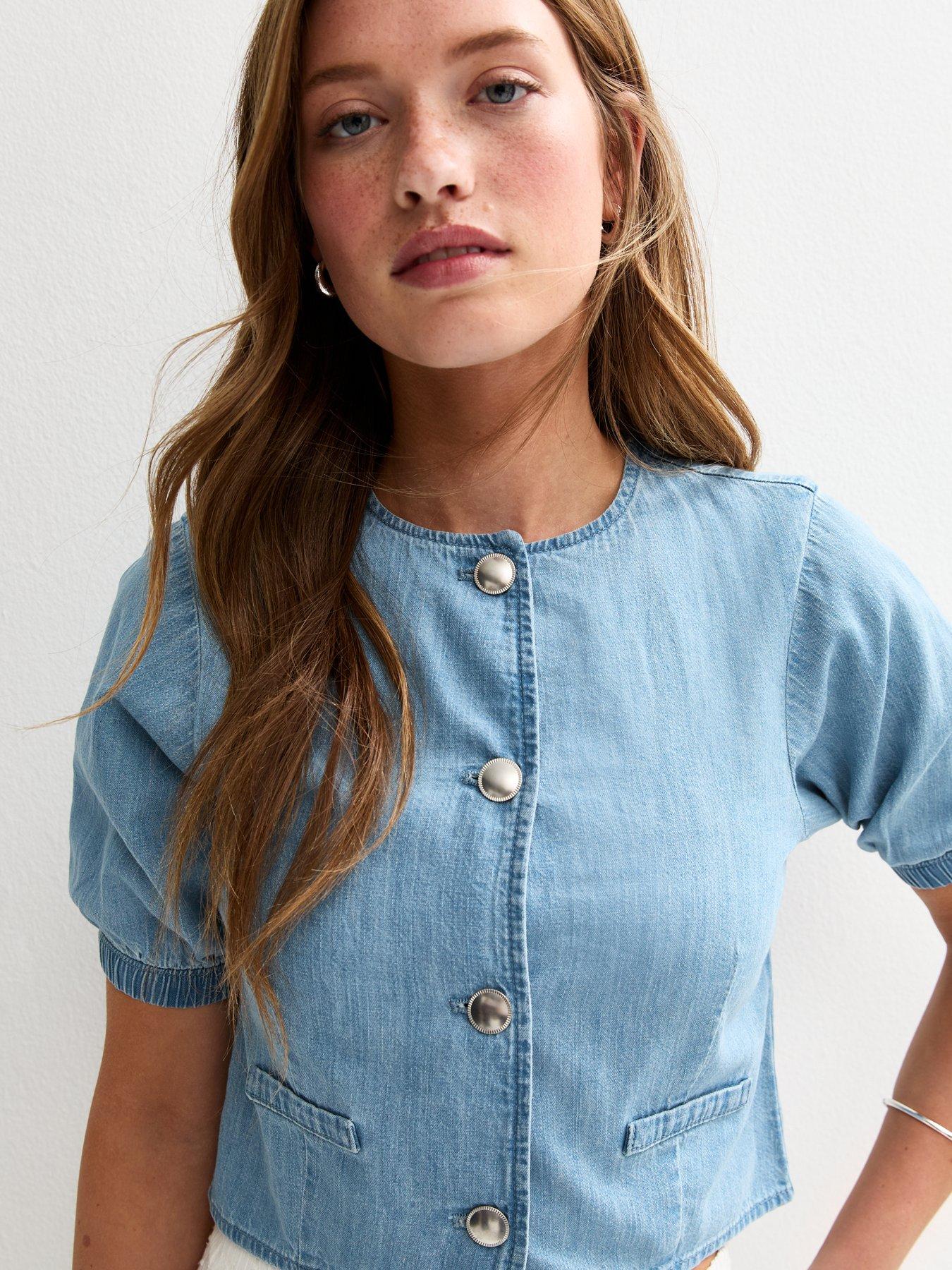 Image 4 of 4 of New Look Denim Puff Sleeve Button Down Top - Blue