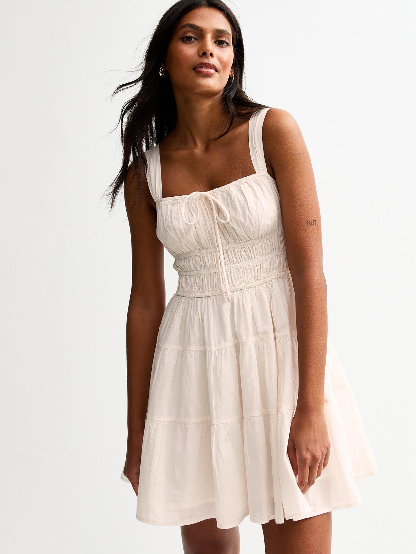 Image of New Look Tie Detail Tiered Mini Dress - White
