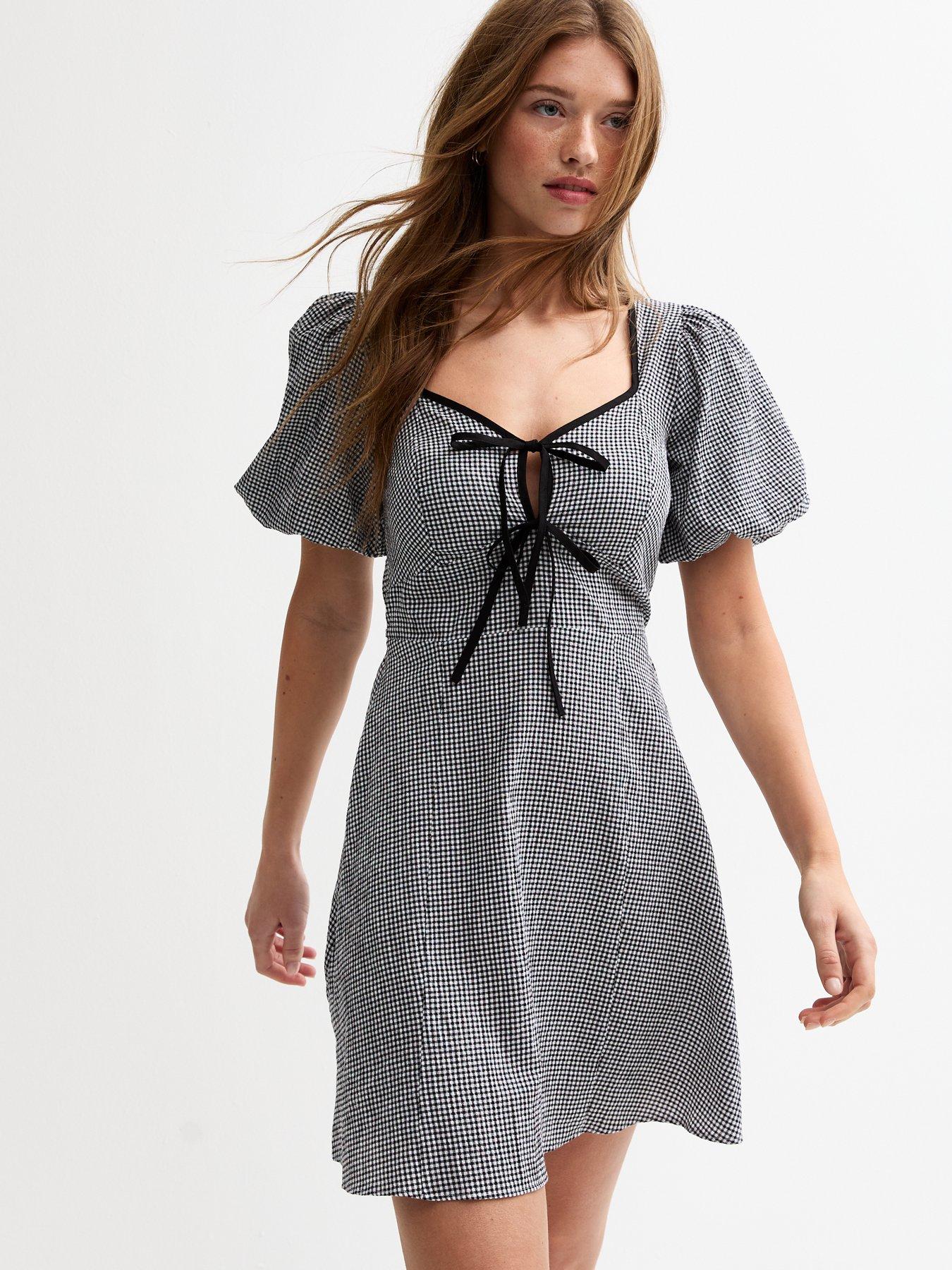 undefined Gingham Tie Neck Mini Dress - Black