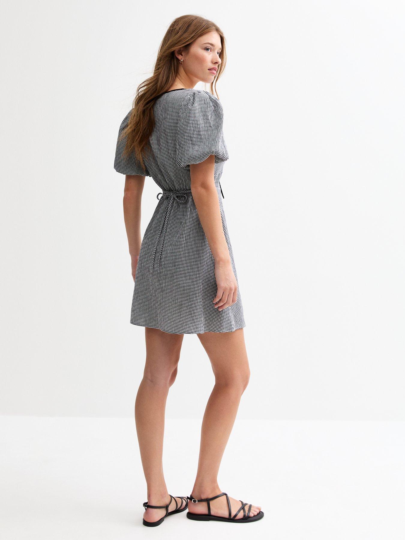 Image 2 of 4 of New Look Gingham Tie Neck Mini Dress - Black