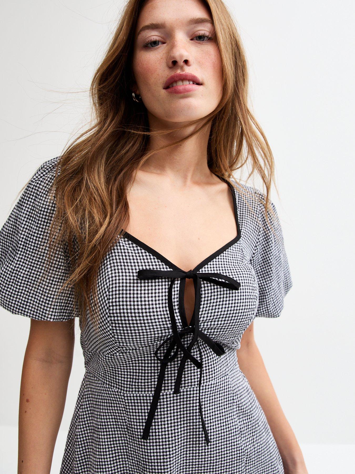 Image 4 of 4 of New Look Gingham Tie Neck Mini Dress - Black