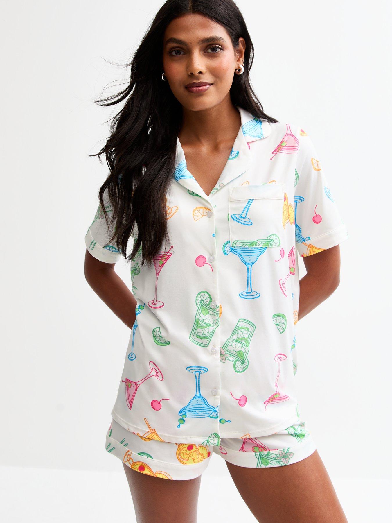 undefined White Cocktail Print Shirt And Shorts Pyjama Set