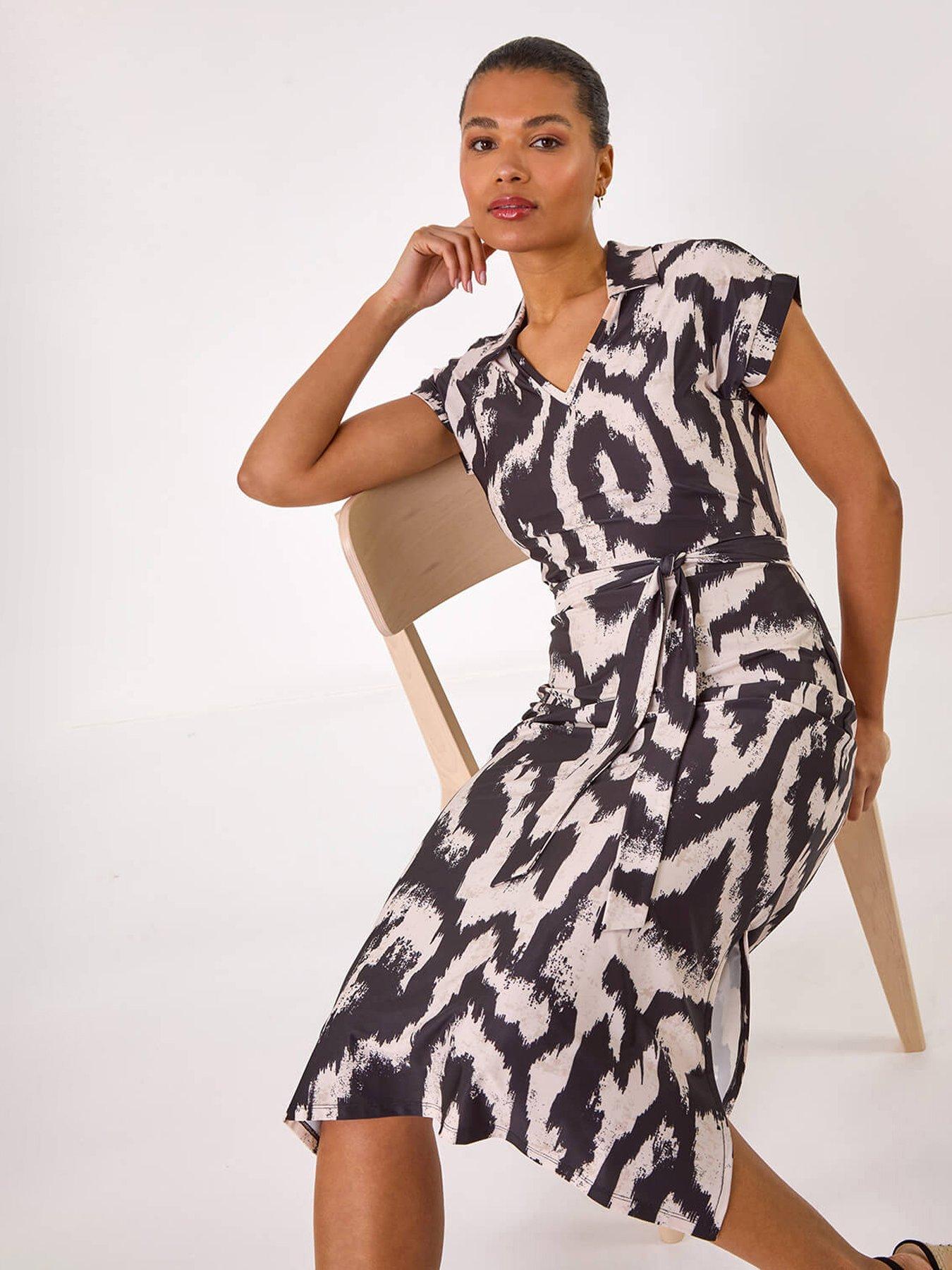 undefined Abstract Print Belted Stretch Midi Dress