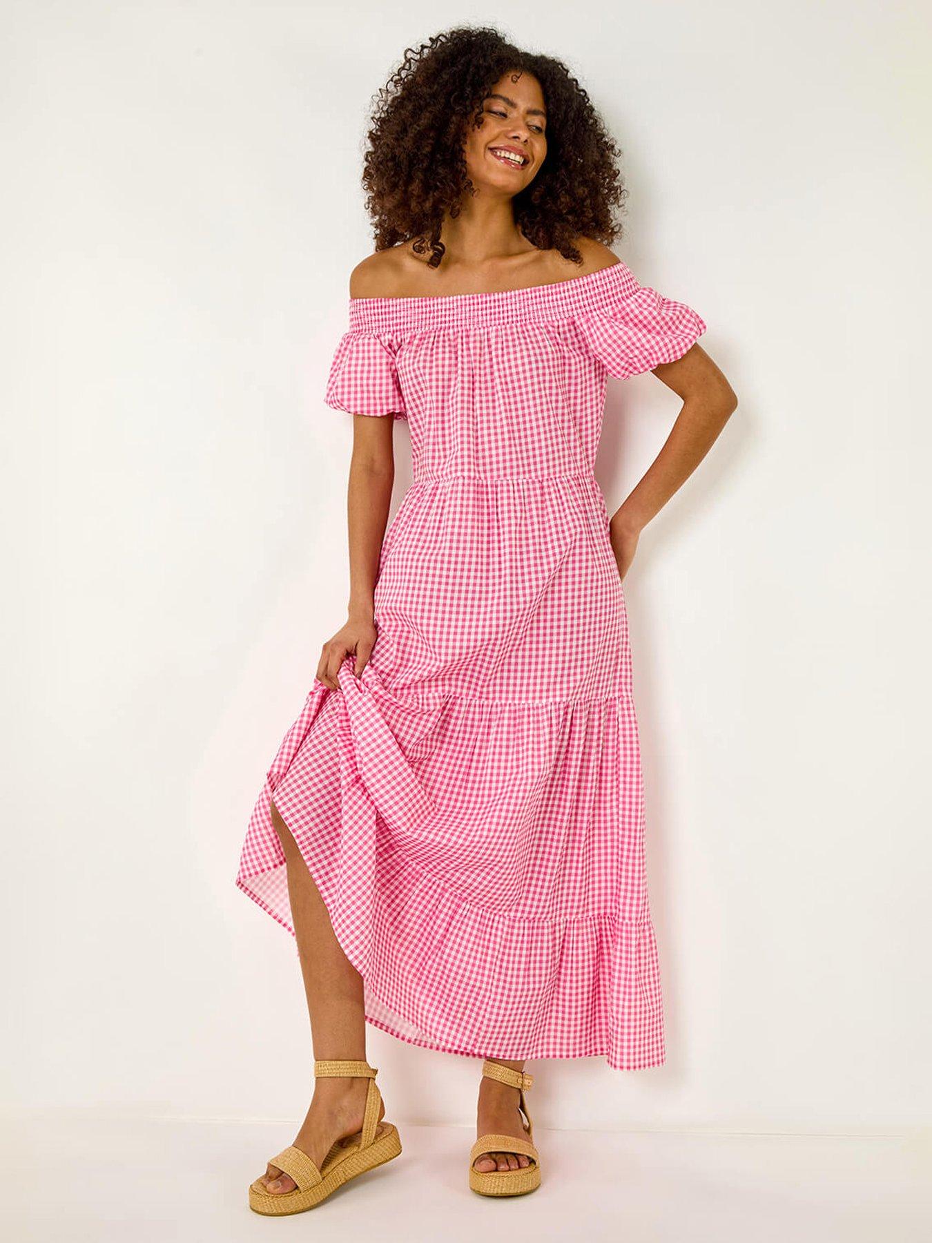 undefined Dusk Gingham Bardot Tiered Maxi Dress