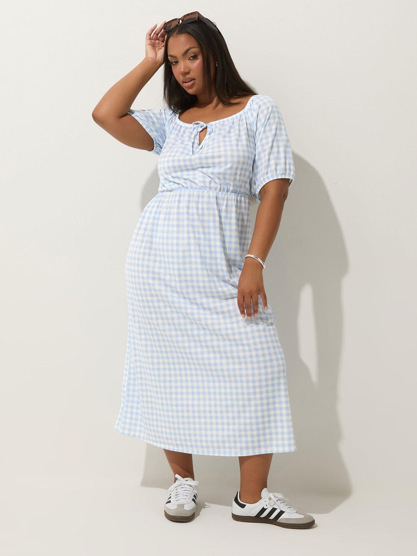 undefined Curve Gingham Puff Sleeve Dress - Blue