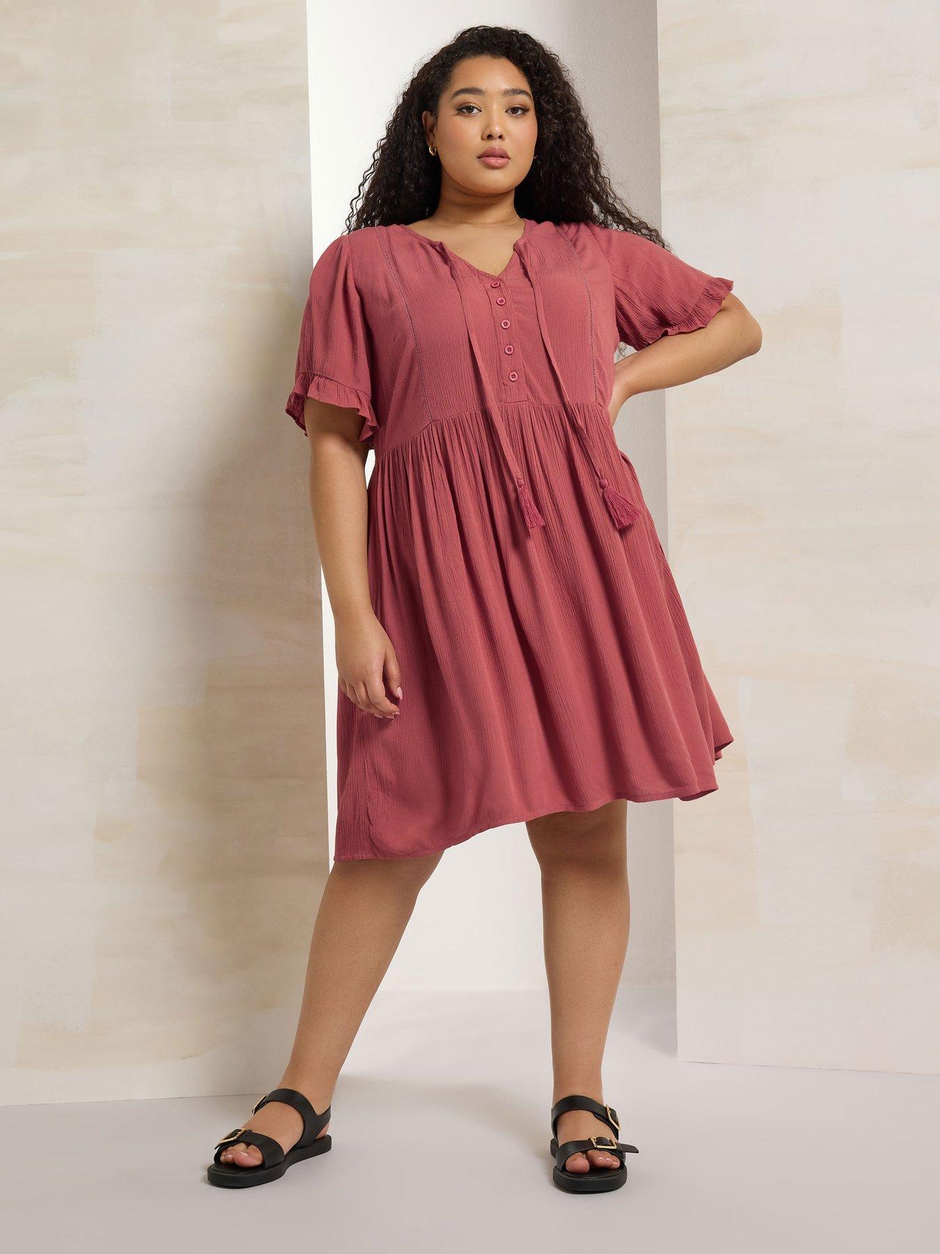 undefined Curve Short Sleeve Tassel Neck Dress - Pink