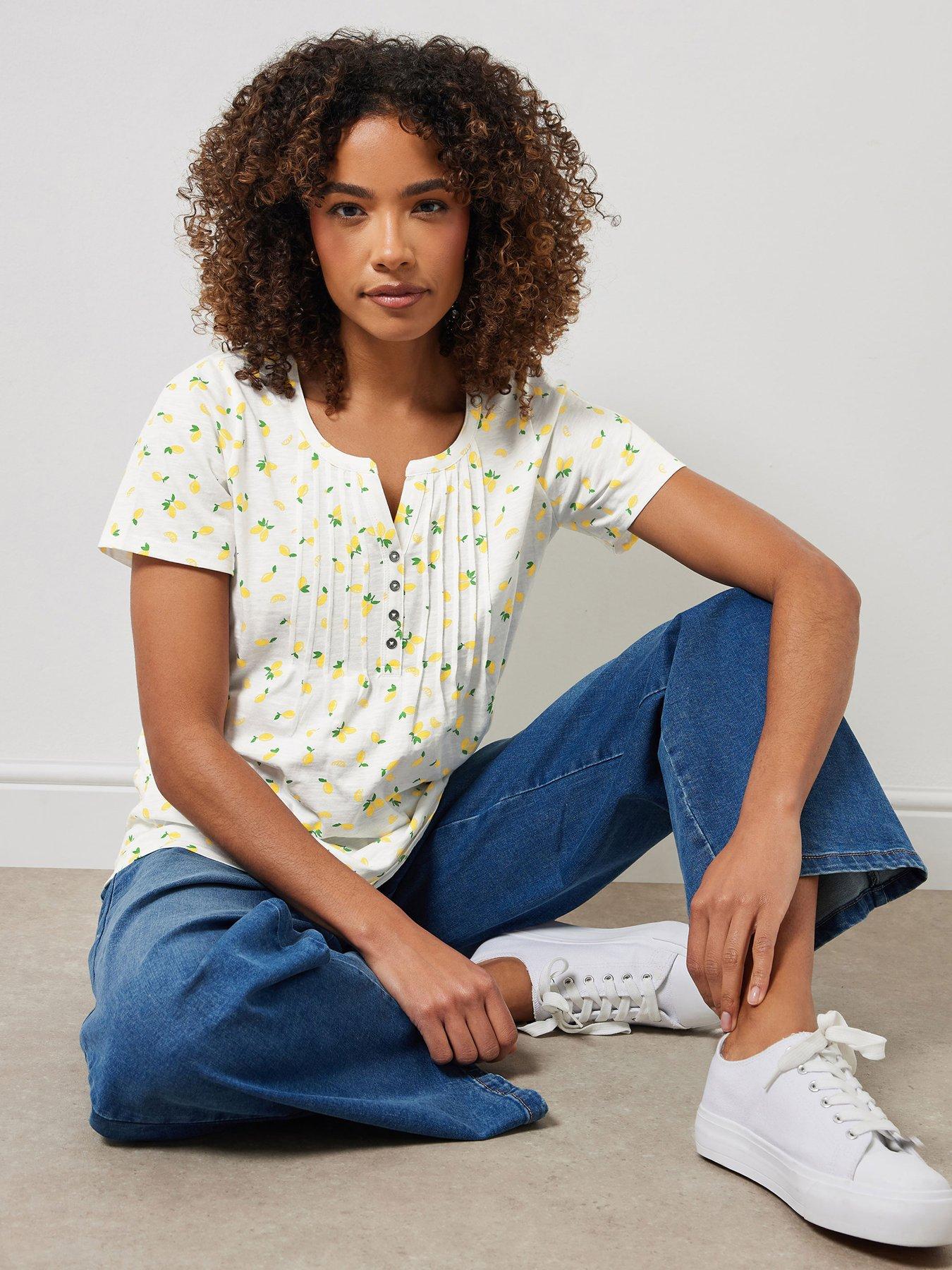 undefined Short Sleeve Cotton Henley Top - White/Yellow